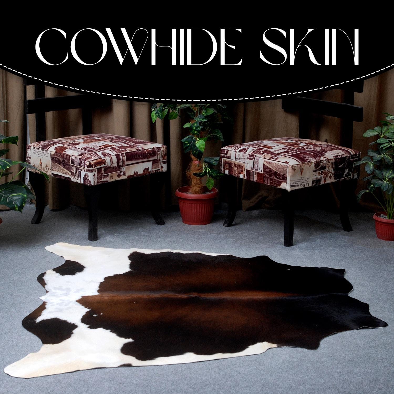 Luxurious Natural Dark Brown & White Cowhide Rug for Chic Lounge Decor - Large Size, Hypoallergenic, Non-Slip Suede Back, Free Shipping in