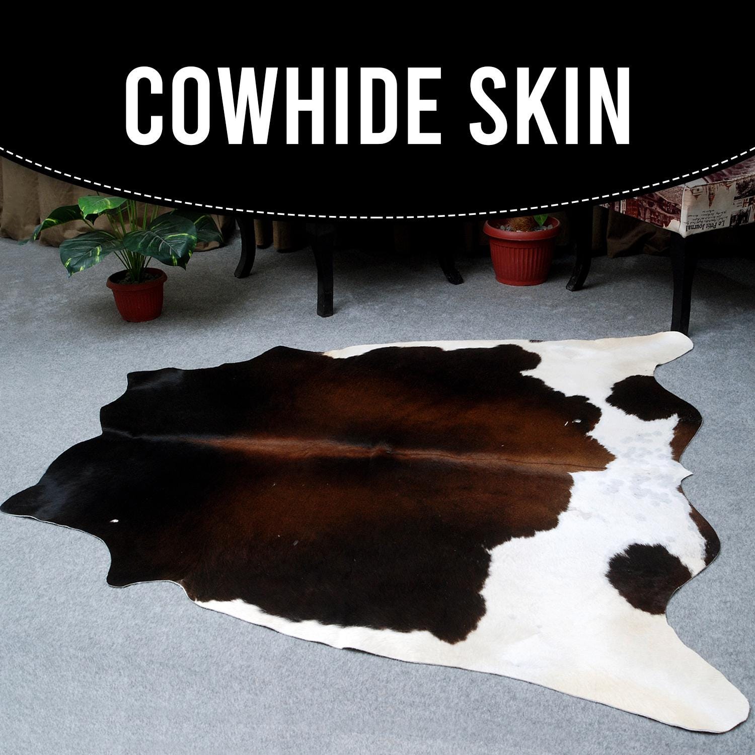 Luxurious Natural Dark Brown & White Cowhide Rug for Chic Lounge Decor - Large Size, Hypoallergenic, Non-Slip Suede Back, Free Shipping in