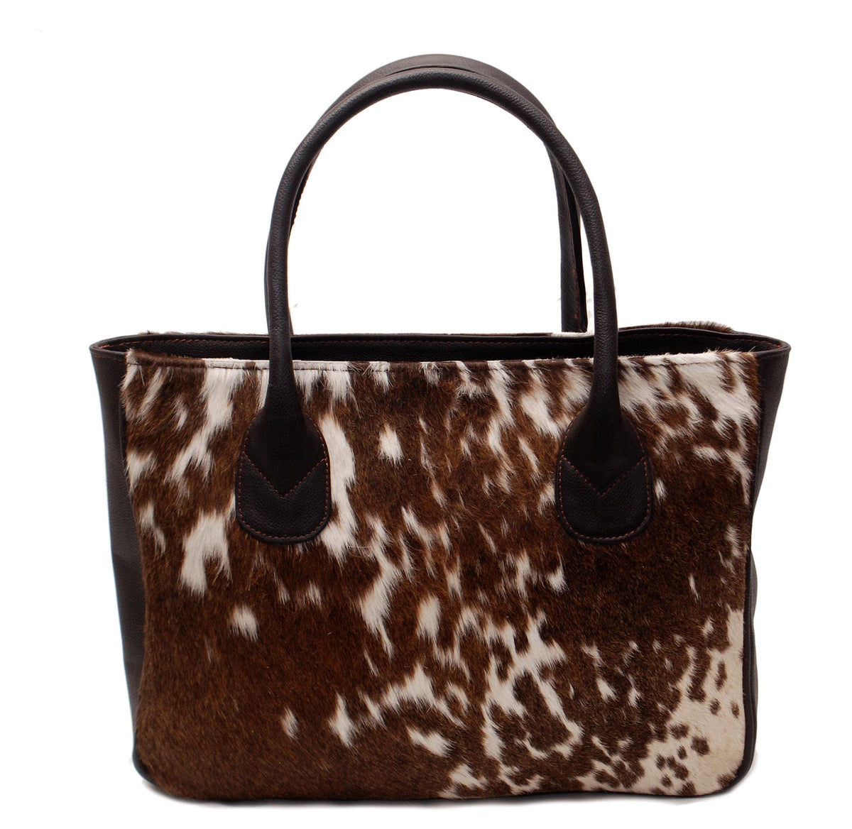 Stylish Brown and White Cowhide Shoulder Bag - Handmade Animal Print Leather Tote with Fast Worldwide Shipping