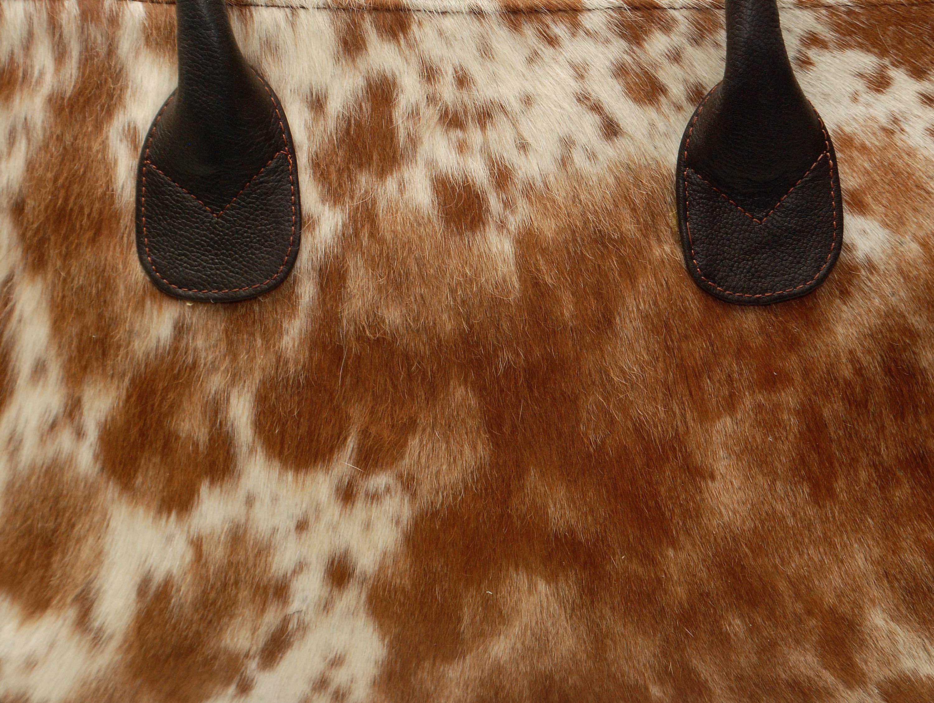 Stylish Brown and White Cowhide Shoulder Bag, Handmade Tote with Animal Print, Spacious and Versatile, Easy to Clean, Fast Shipping