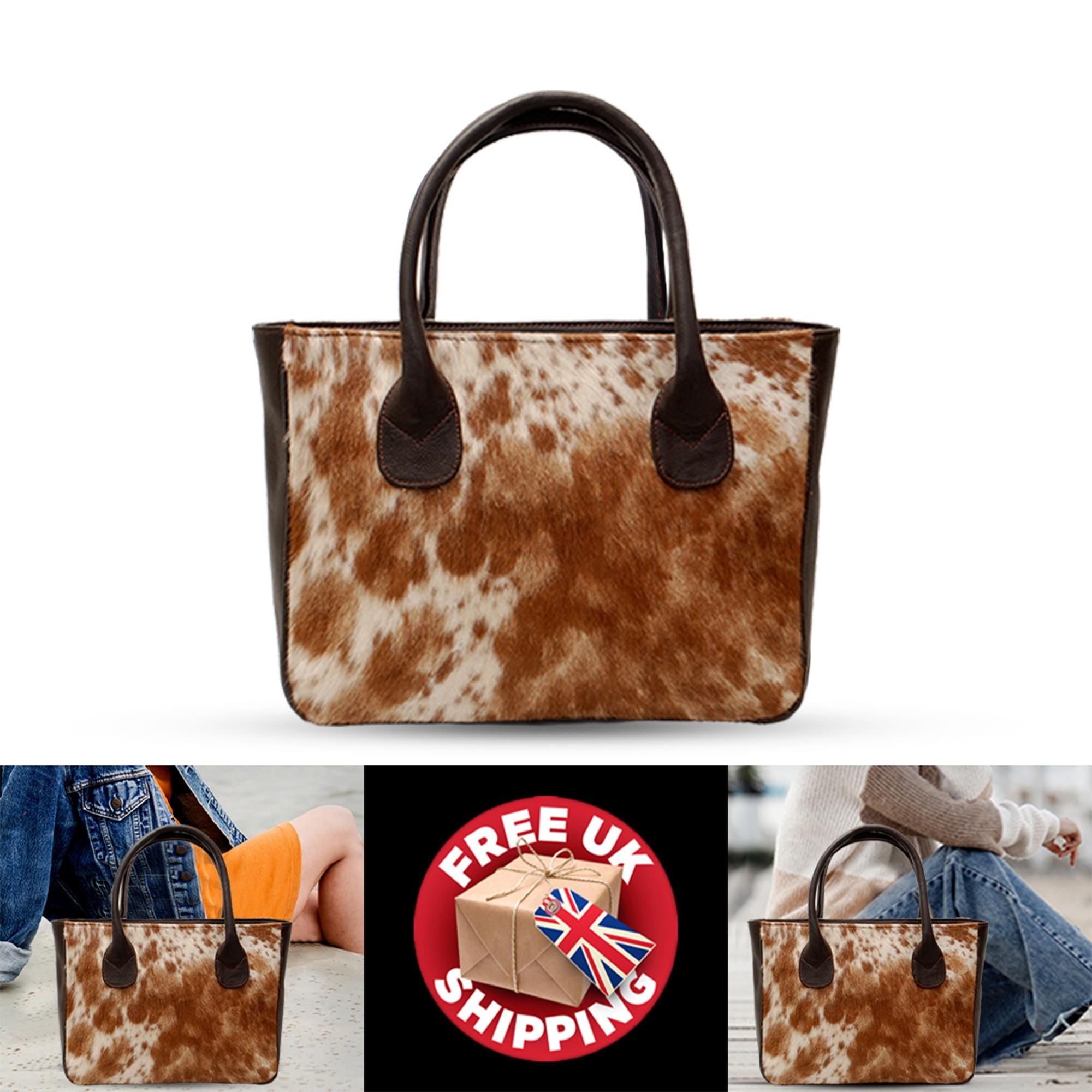 Stylish Brown and White Cowhide Shoulder Bag, Handmade Tote with Animal Print, Spacious and Versatile, Easy to Clean, Fast Shipping
