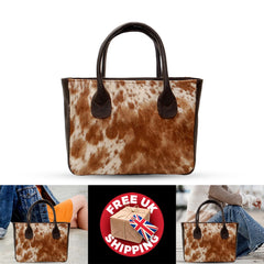 Stylish Brown and White Cowhide Shoulder Bag, Handmade Tote with Animal Print, Spacious and Versatile, Easy to Clean, Fast Shipping