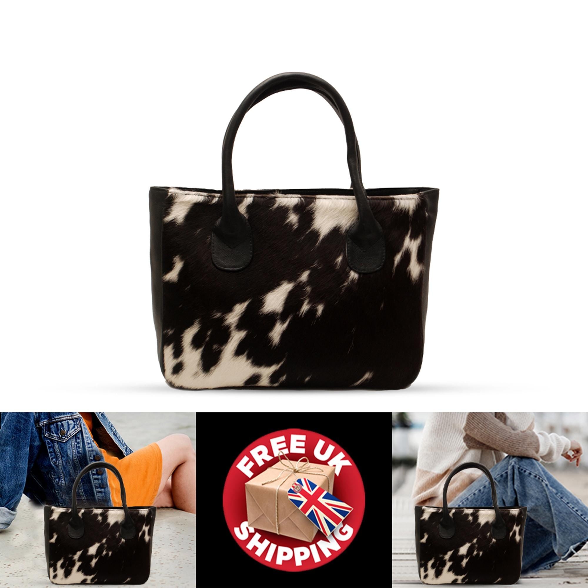 Stylish Black And White Cowhide Leather Shoulder Bag For Women - Handmade Fashion Tote With Ample Storage And Secure Zip Pocket