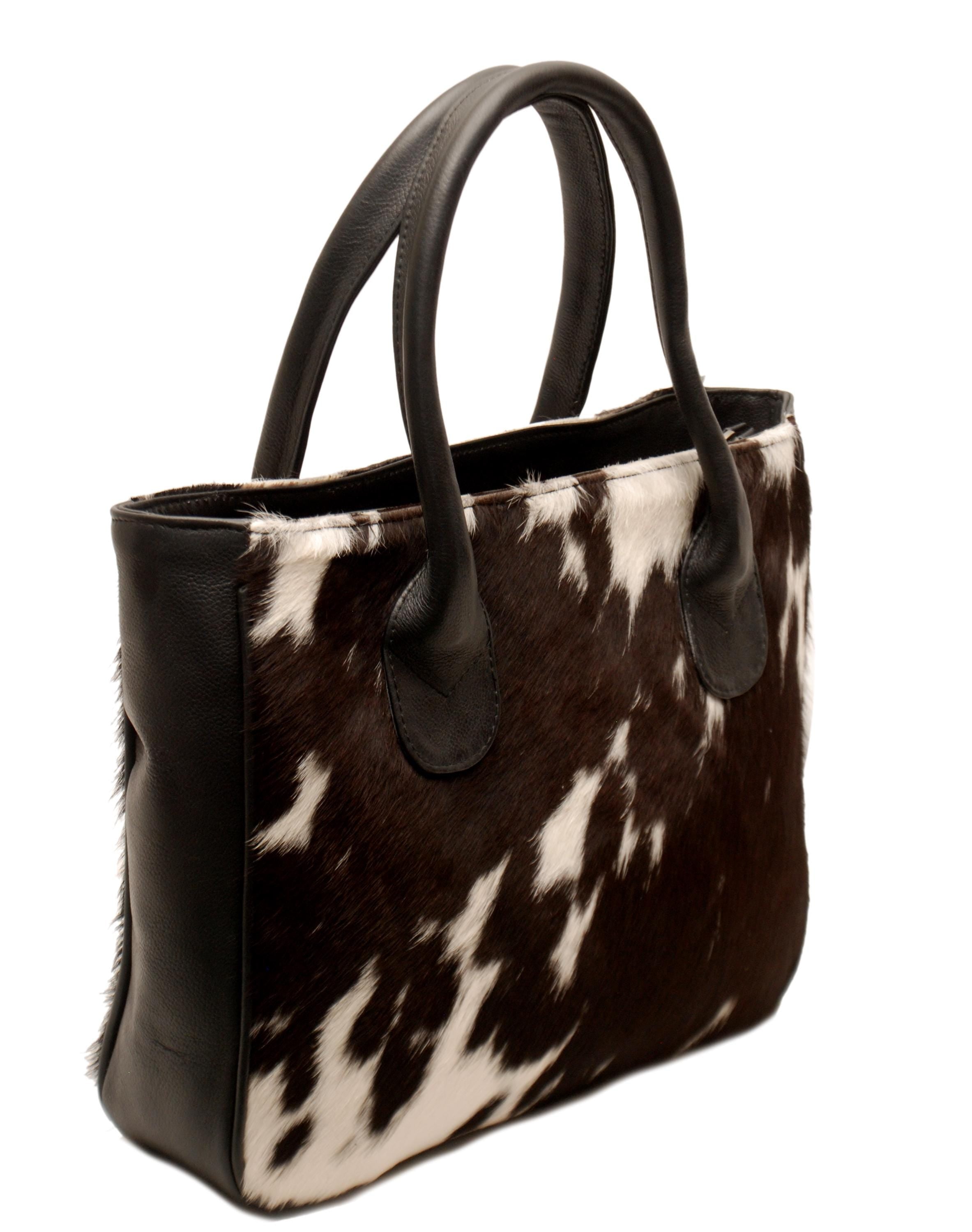 Stylish Black And White Cowhide Leather Shoulder Bag For Women - Handmade Fashion Tote With Ample Storage And Secure Zip Pocket