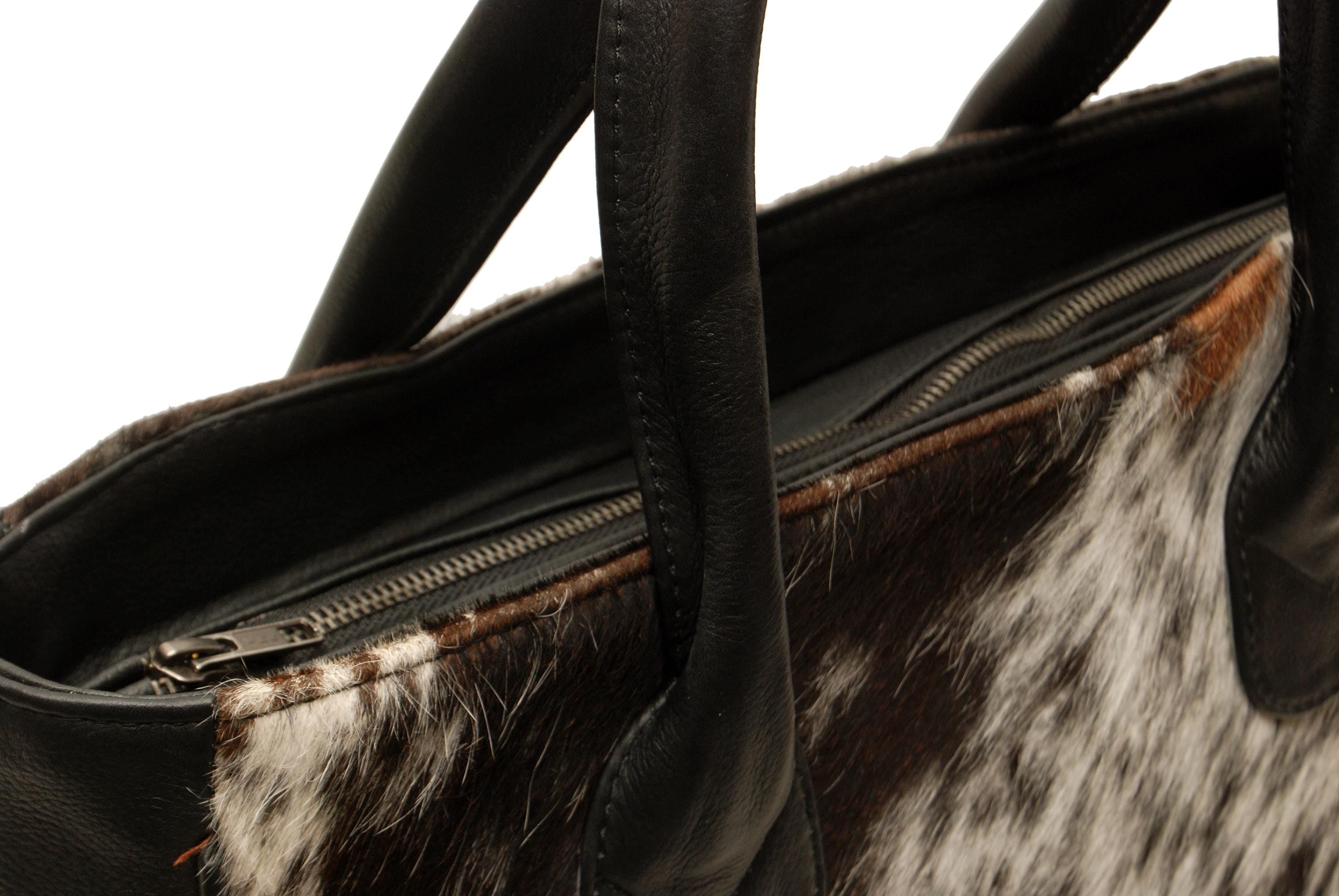 Stylish Dark Brown & White Cowhide Tote Bag w/ Handmade South Asian Craftsmanship - Unique Animal Print Variations - Perfect for Daily Wear