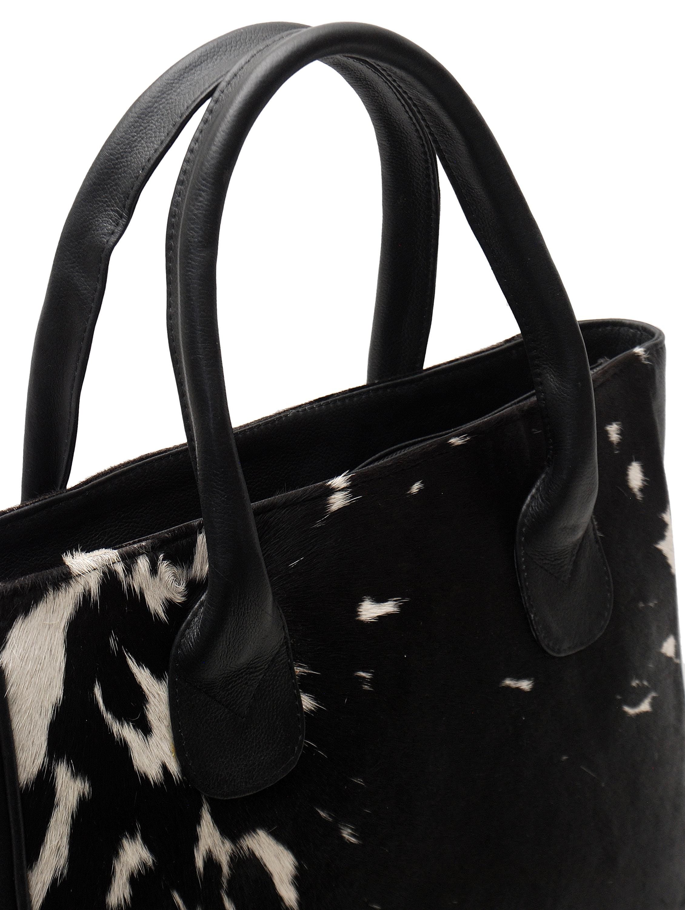 Stylish Dark Brown and White Cowhide Tote Bag - Handmade with Genuine Leather, Spacious Interior, Unique Patterns, Easy to Clean