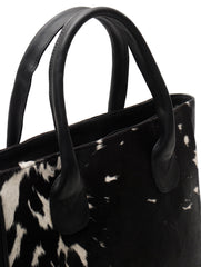 Stylish Dark Brown and White Cowhide Tote Bag - Handmade with Genuine Leather, Spacious Interior, Unique Patterns, Easy to Clean