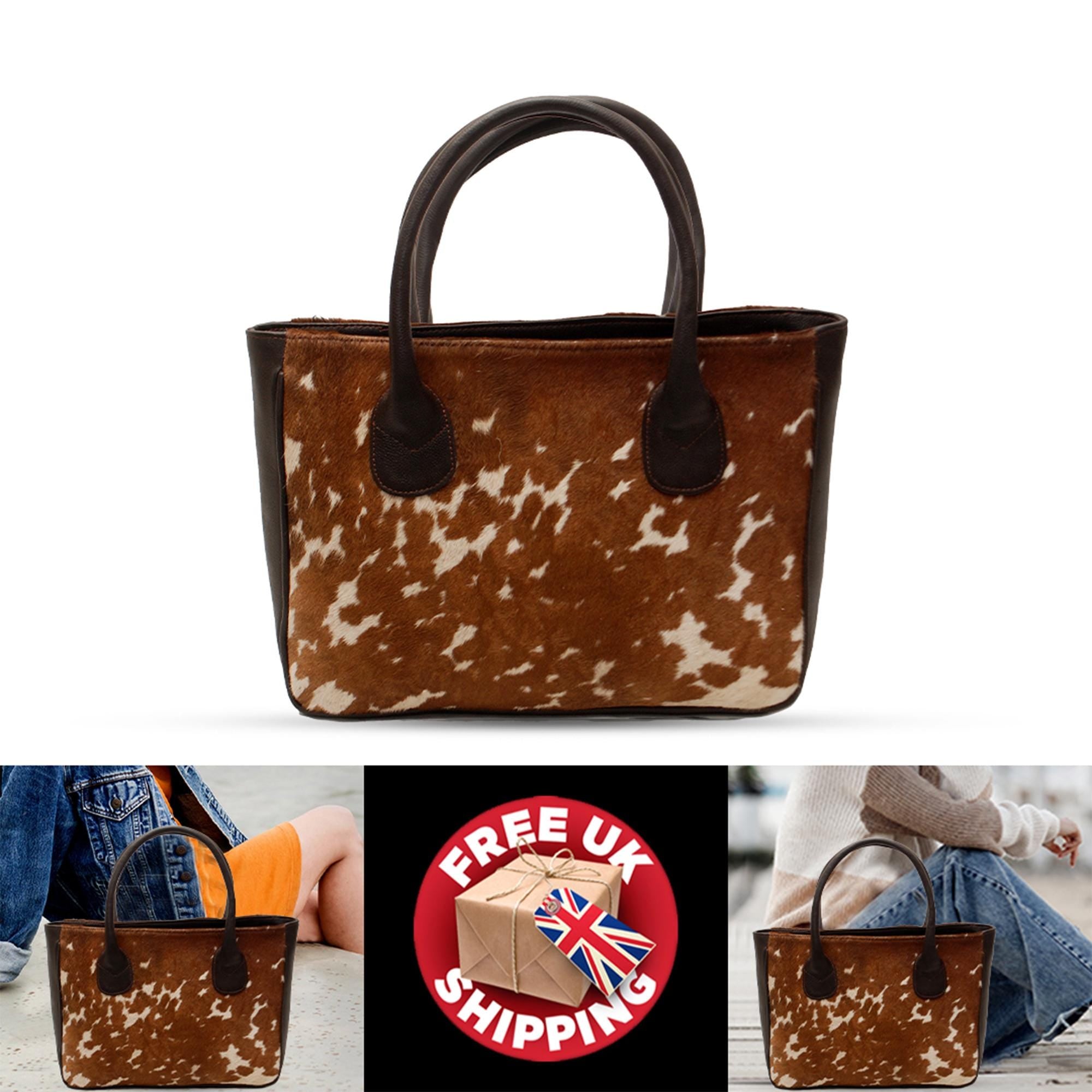 Handmade Brown and White Cowhide Shoulder Bag - Chic Leather Tote with Stylish Animal Print Design, Spacious and Versatile Daily Handbag