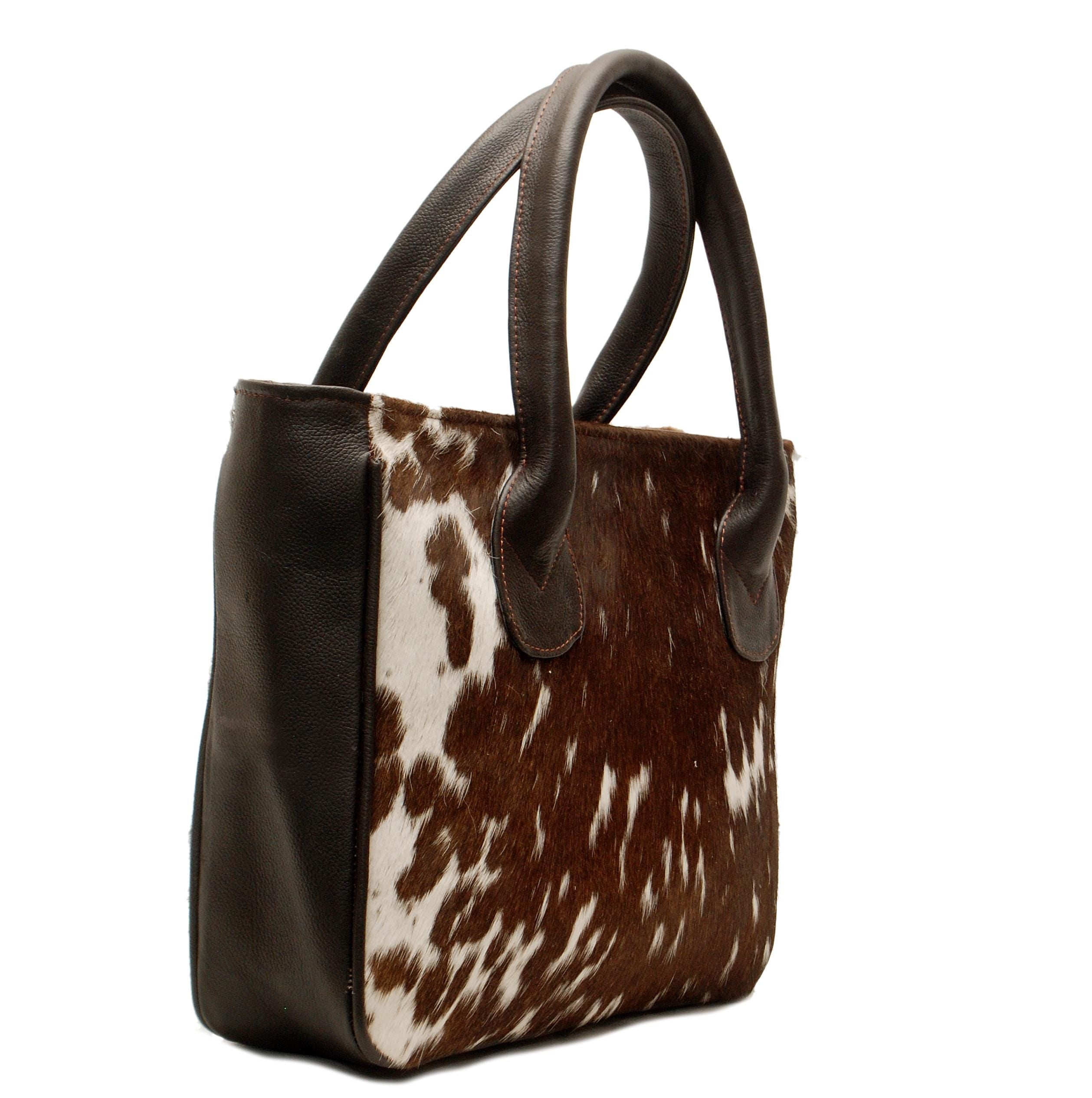 Stylish Dark Brown and White Cowhide Shoulder Bag - Handmade Leather Tote with Spacious Design, Fast Shipping Worldwide | Trendy Women's