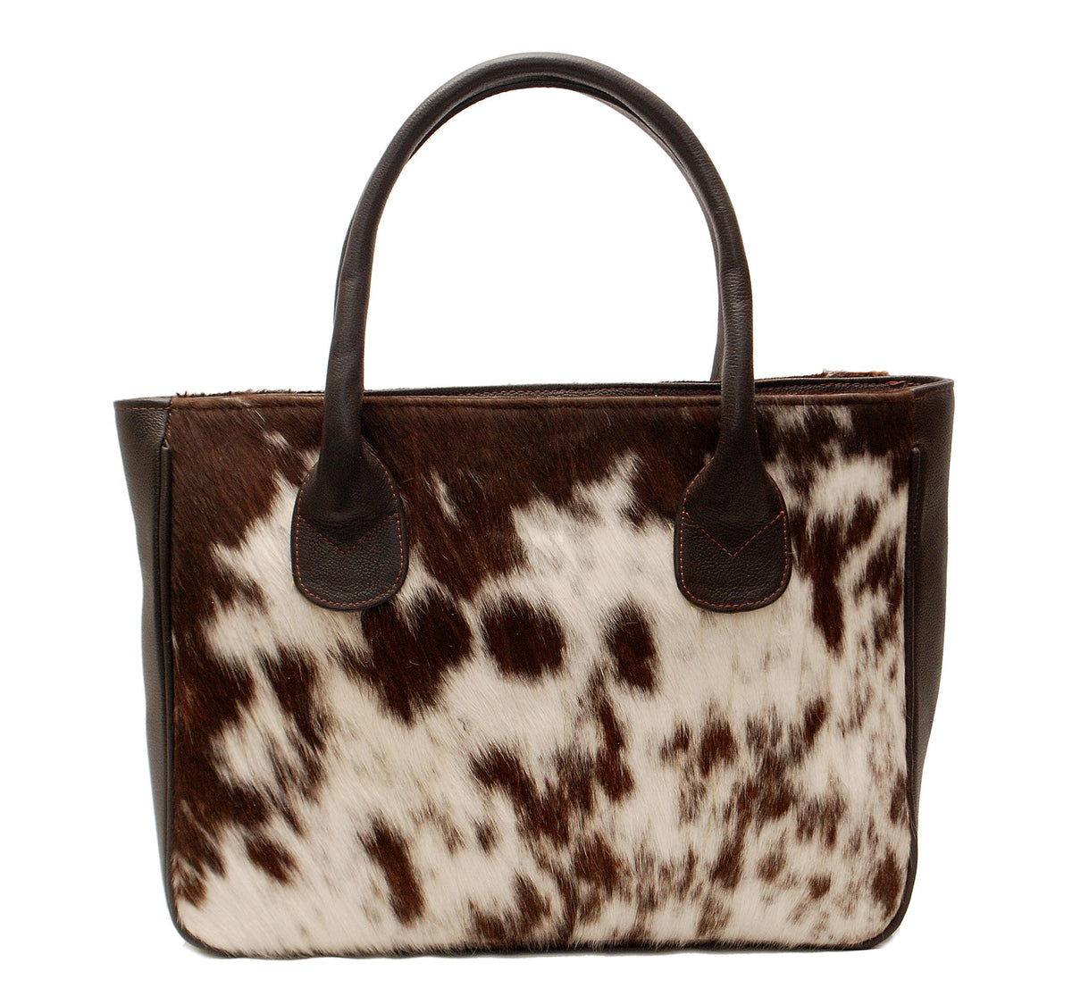 Fashionable Dark Brown and White Cowhide Shoulder Bag - Handmade Leather Tote for Women, Stylish Daily Handbag with Natural Animal Print