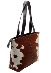 Stylish Brown and White Cowhide Shoulder Bag with Natural Animal Print - Handmade Leather Tote for Women - Trendy Daily Handbag