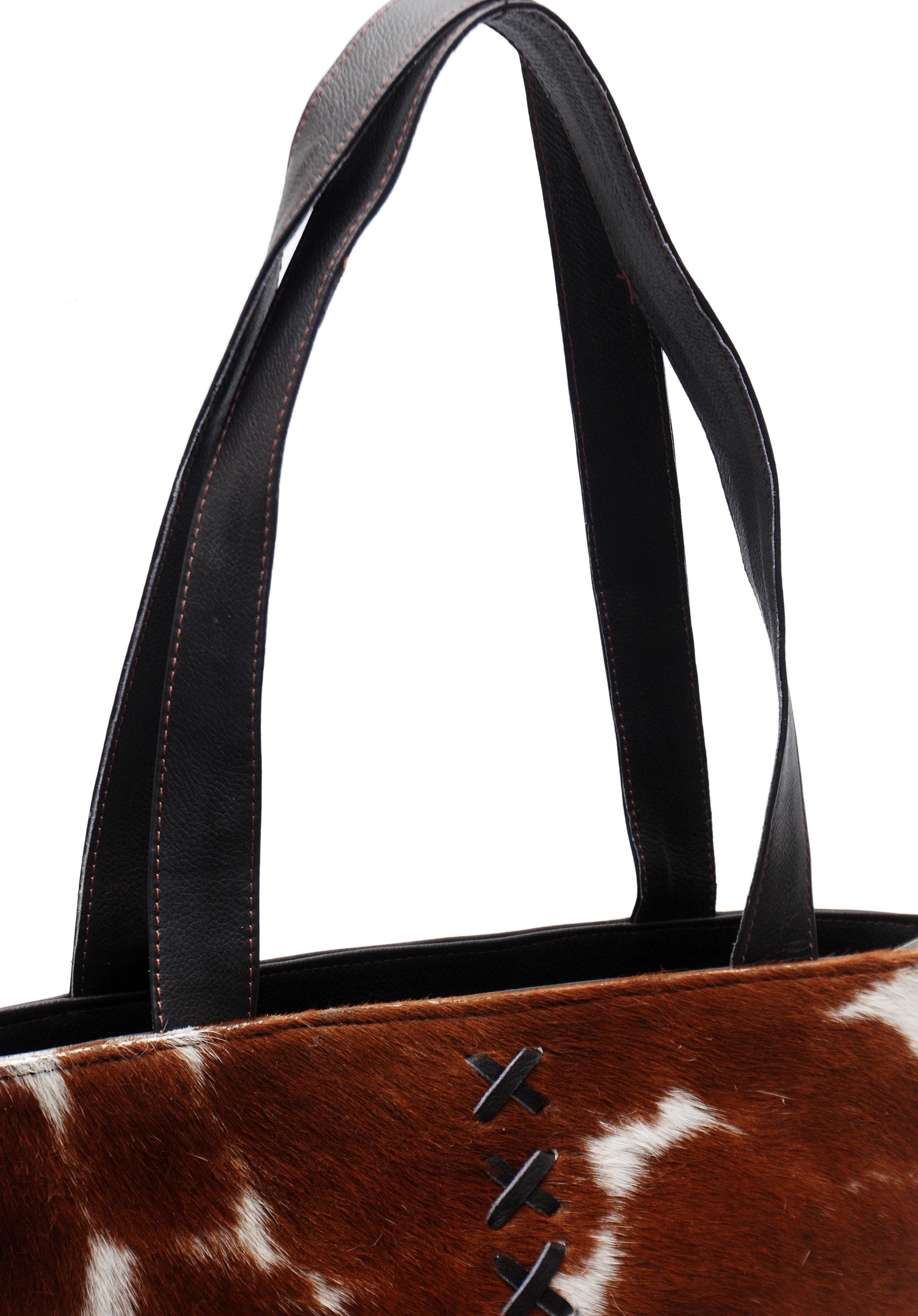 Chic Brown and White Cowhide Tote Bag - Fashionable, Spacious, and Handmade in South Asia