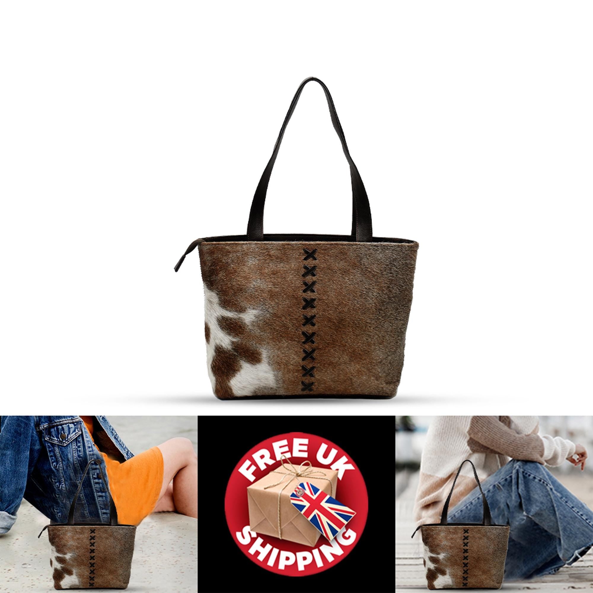 Stylish Brown And White Cowhide Shoulder Bag - Handmade Tote with Natural Animal Print, Spacious and Versatile for Daily Use