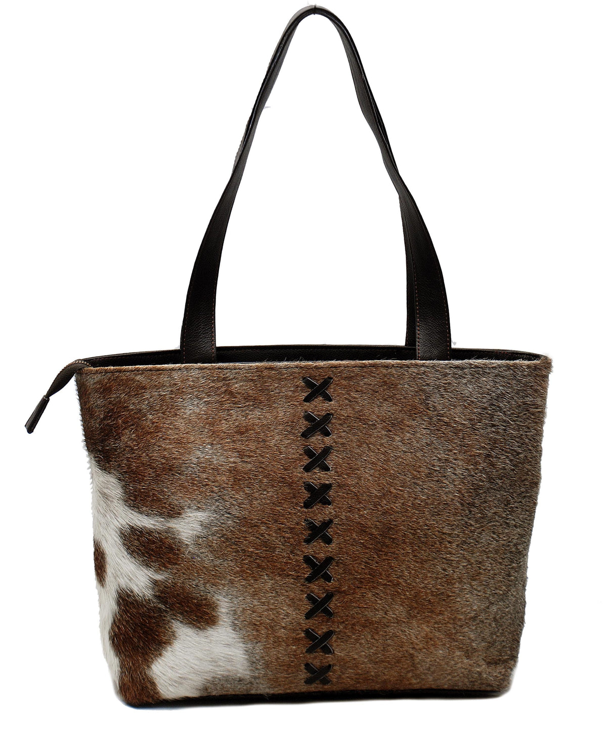 Stylish Brown And White Cowhide Shoulder Bag - Handmade Tote with Natural Animal Print, Spacious and Versatile for Daily Use