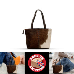 Stylish Dark Brown & White Cowhide Shoulder Bag - Handmade Leather Purse for Women - Fashionable - Spacious Animal Print Tote Bag