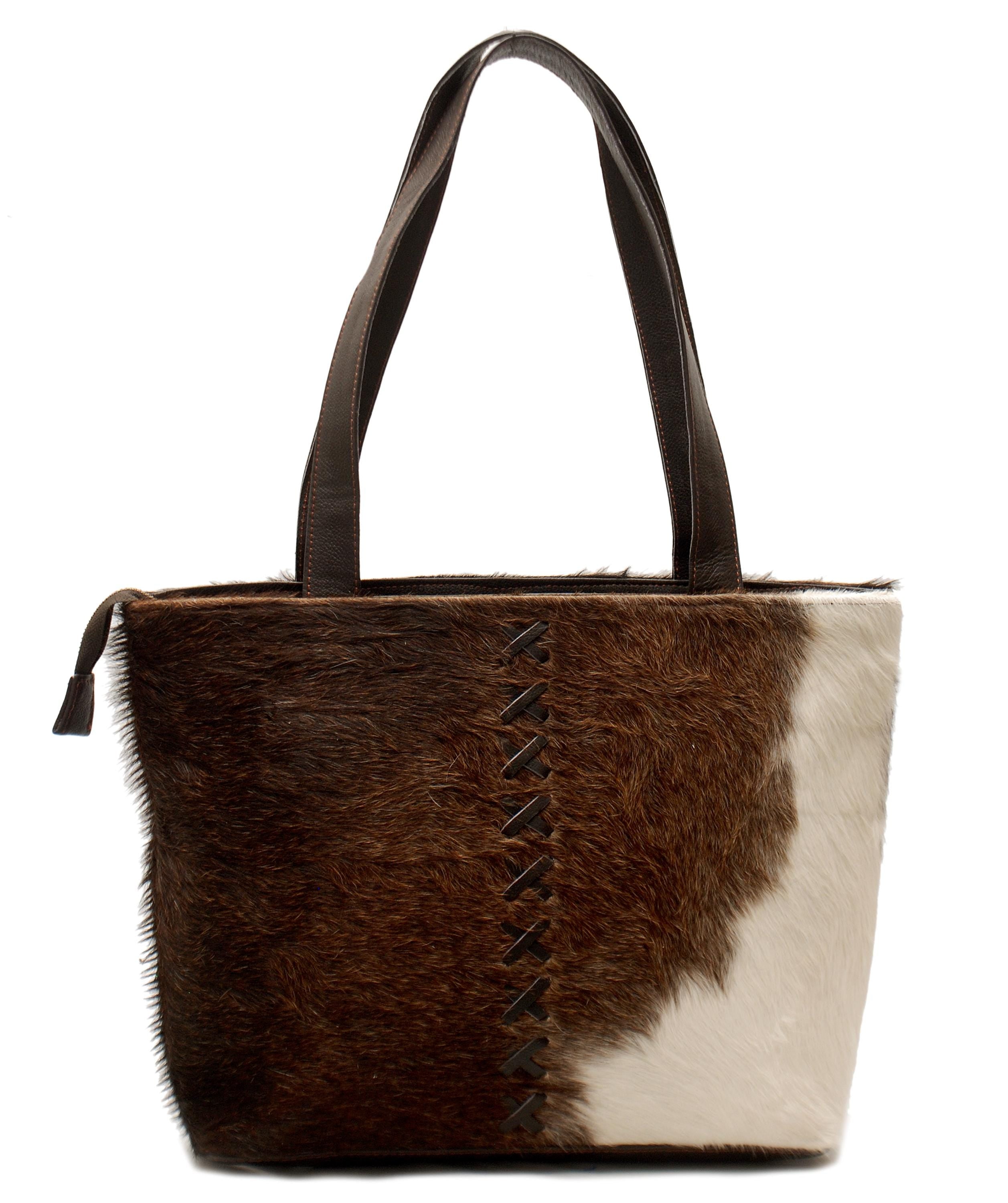 Stylish Dark Brown & White Cowhide Shoulder Bag - Handmade Leather Purse for Women - Fashionable - Spacious Animal Print Tote Bag