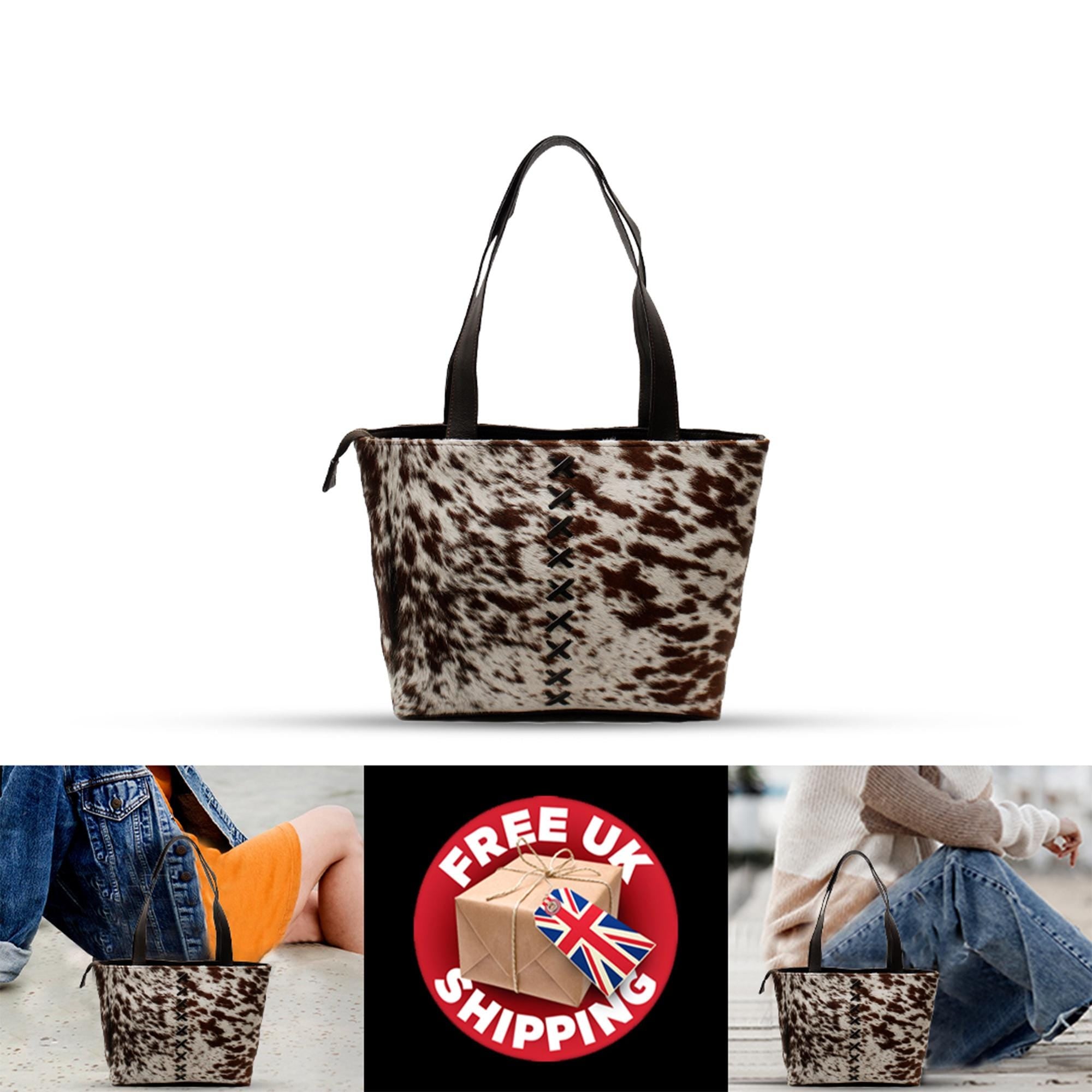 Stylish Dark Brown and White Shoulder Bag - Handmade Cowhide Leather Purse with Animal Print for Women's Casual Chic Style