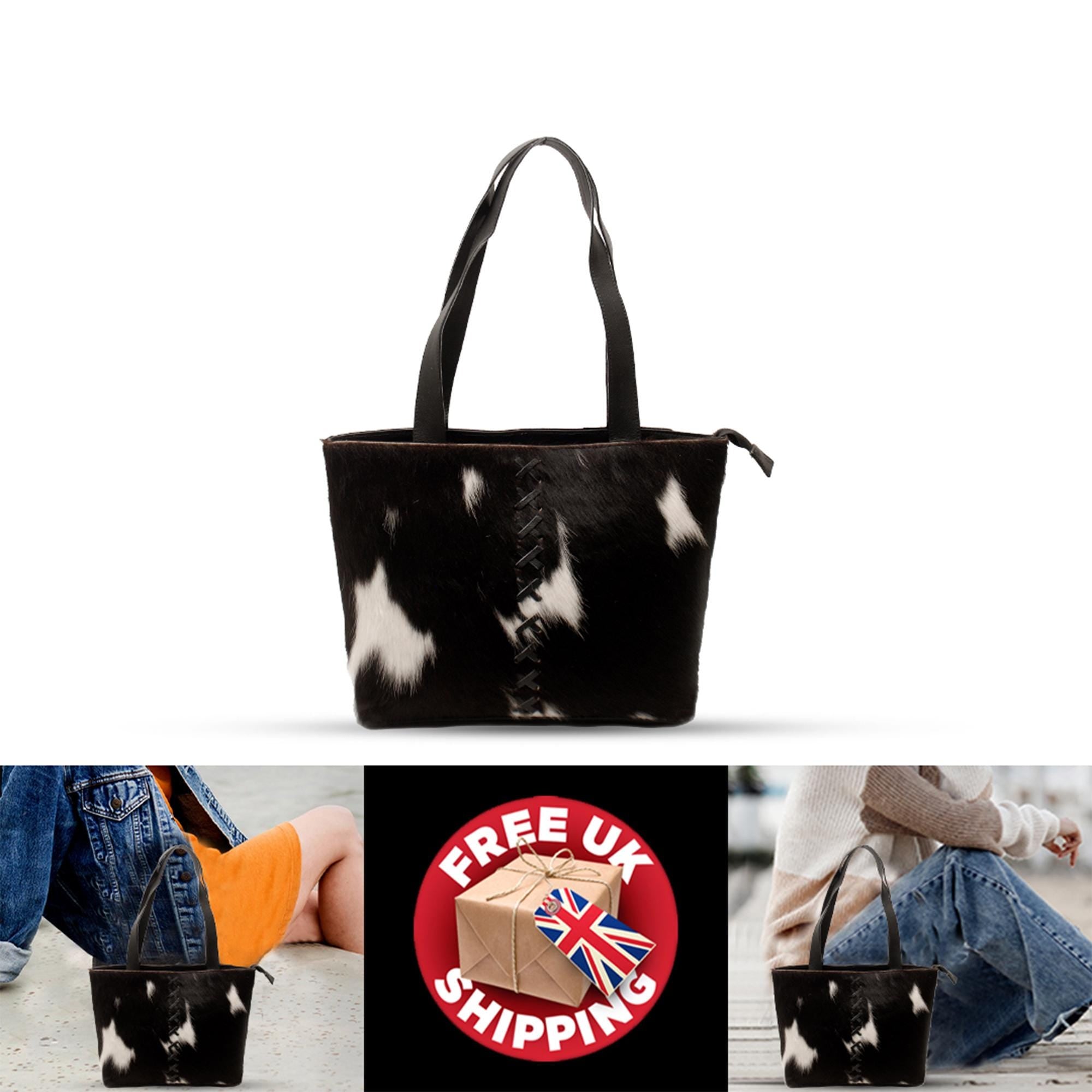 Luxurious Handmade Black And White Cowhide Shoulder Bag - Stylish Leather Cowskin Purse For Women, Perfect For Daily Use