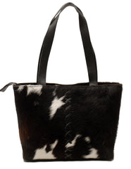 Stylish Black And White Cowhide Shoulder Bag with Zipped Pocket - Handcrafted Leather Purse for Women's Daily Use