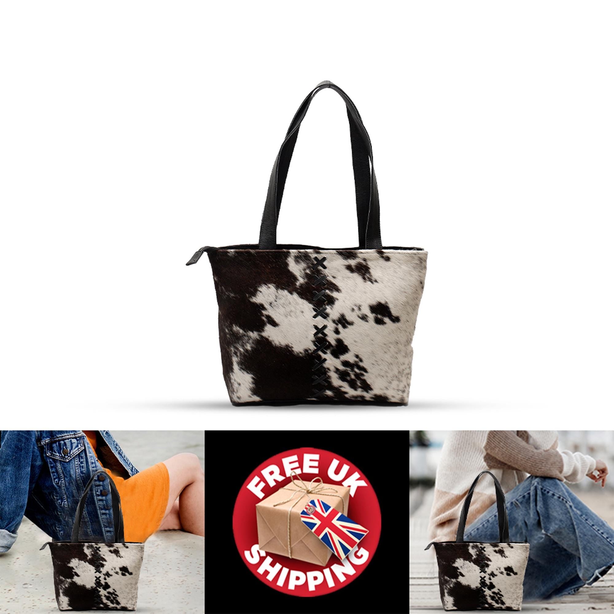 Stylish Black & White Cowhide Shoulder Bag - Handmade Hair-On Leather Cowskin Purse with Ample Storage - Secure Zipped Pocket