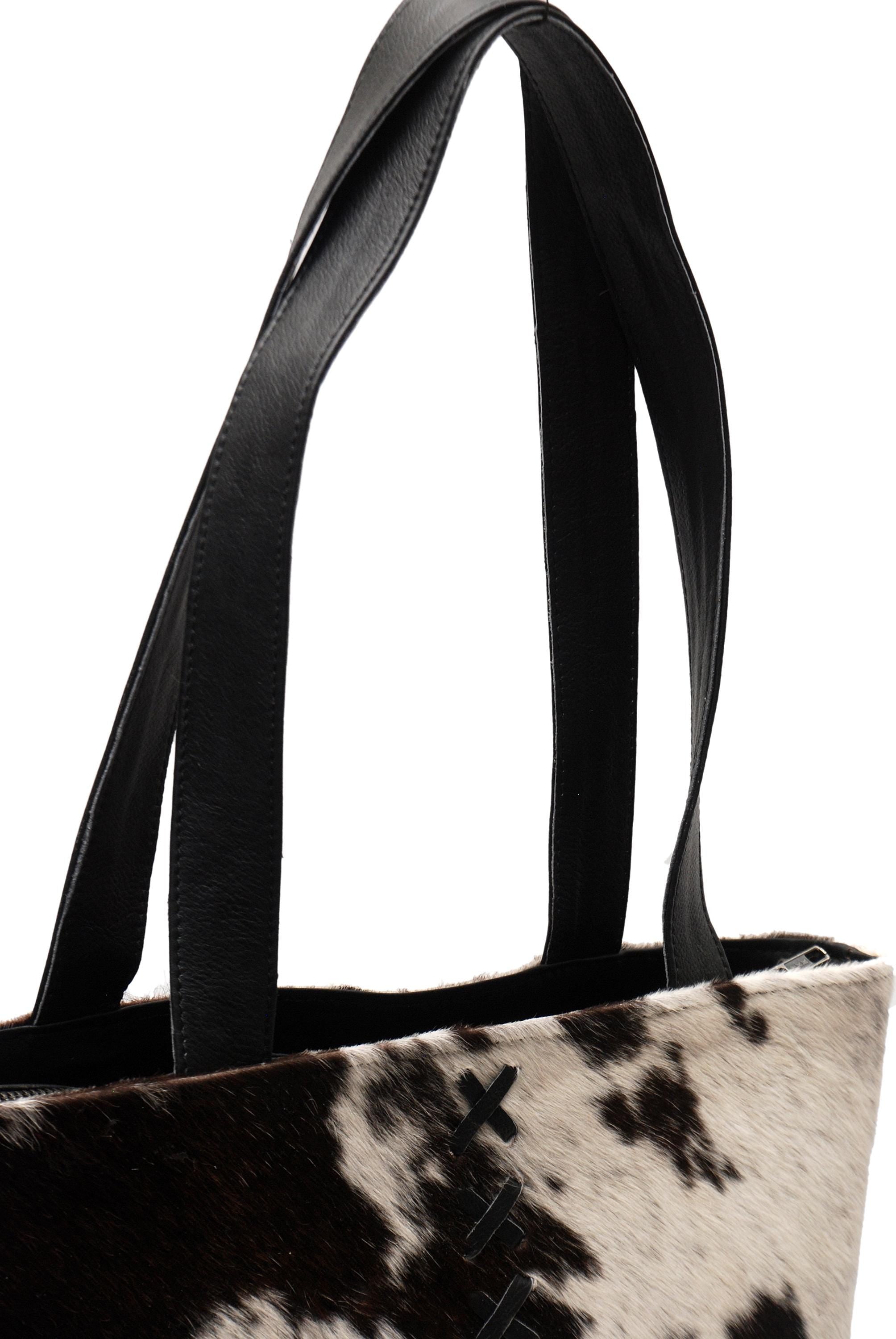 Stylish Black & White Cowhide Shoulder Bag - Handmade Hair-On Leather Cowskin Purse with Ample Storage - Secure Zipped Pocket