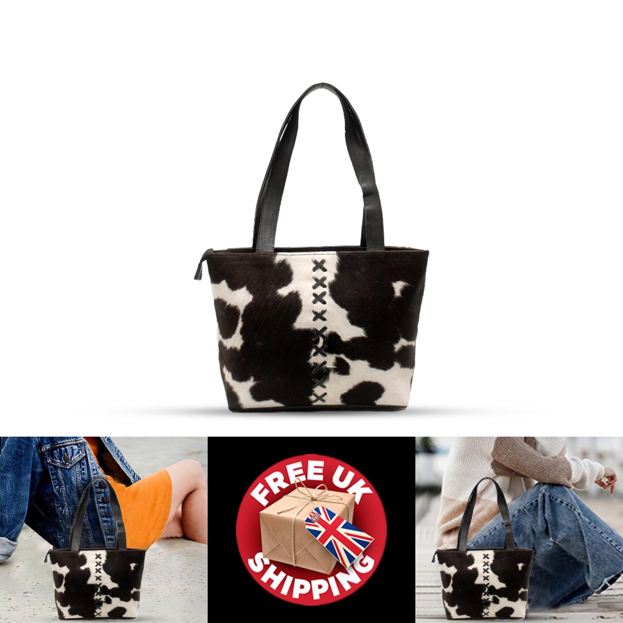 Stylish Black & White Cowhide Shoulder Bag - Handmade Hair-On Leather Cowskin Purse with Ample Storage - Secure Zipper for Women