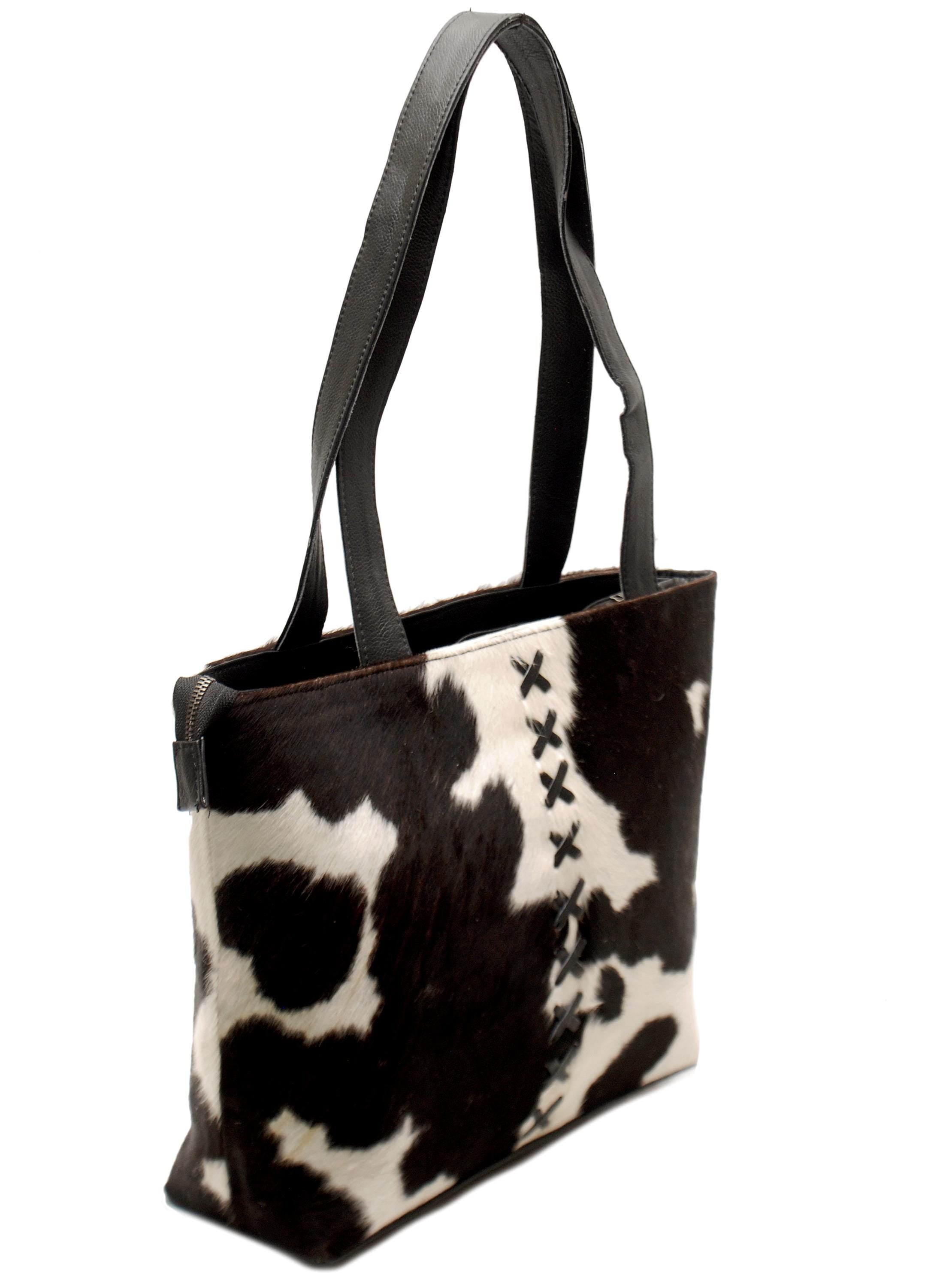 Stylish Black & White Cowhide Shoulder Bag - Handmade Hair-On Leather Cowskin Purse with Ample Storage - Secure Zipper for Women