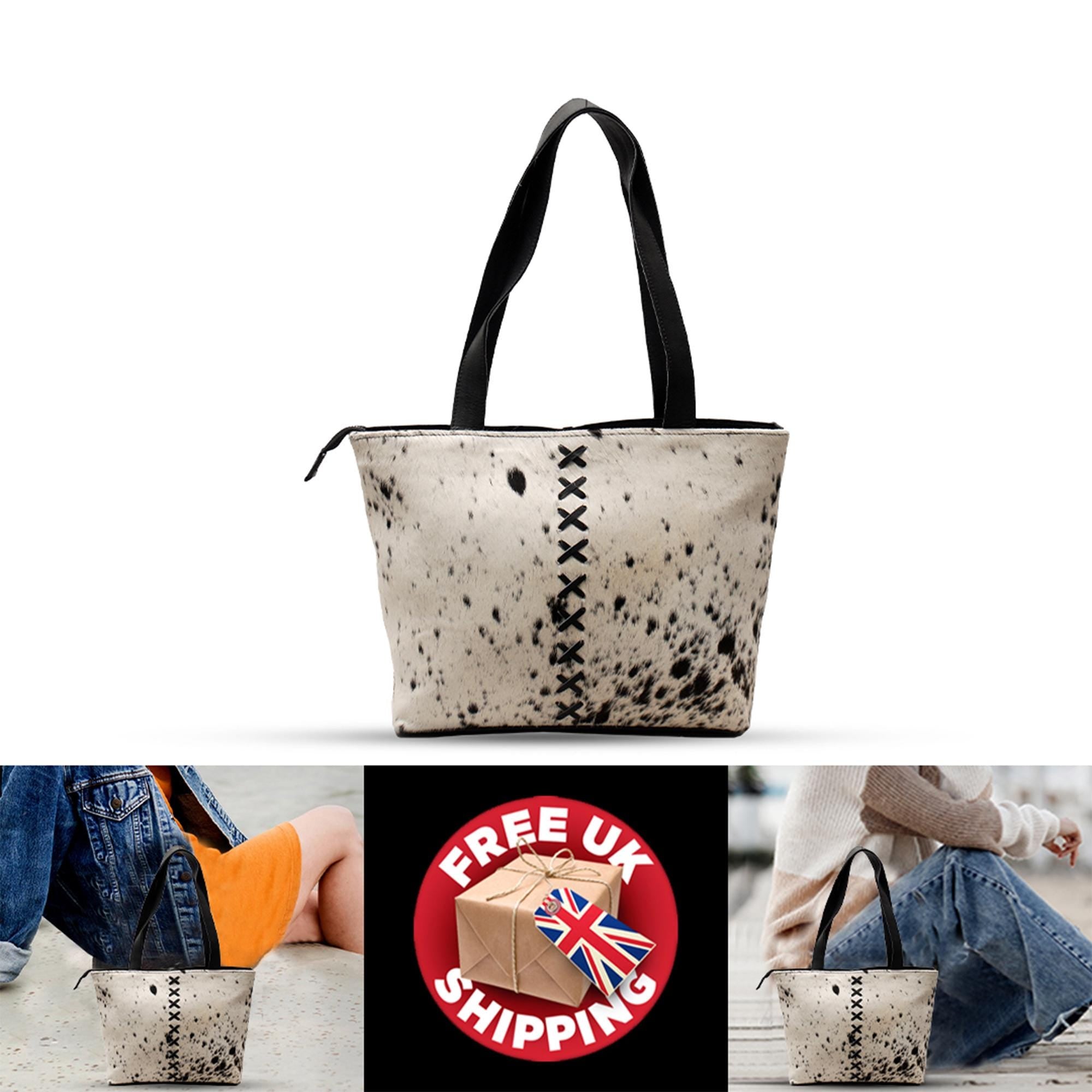 Luxurious White Cowhide Shoulder Bag with Hair-On Leather Cowskin Purse - Handmade For Women's Daily Use