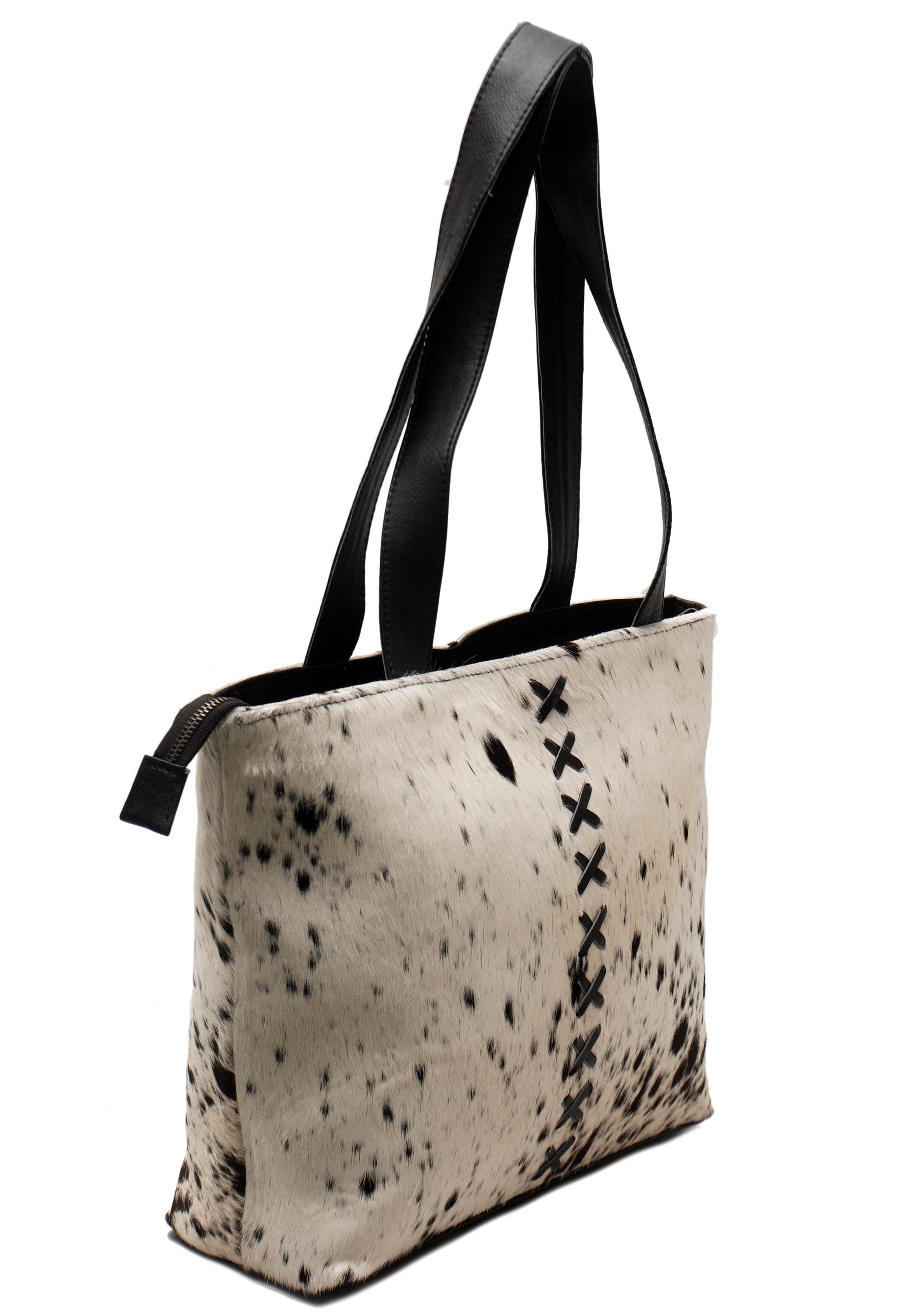 Luxurious White Cowhide Shoulder Bag with Hair-On Leather Cowskin Purse - Handmade For Women's Daily Use