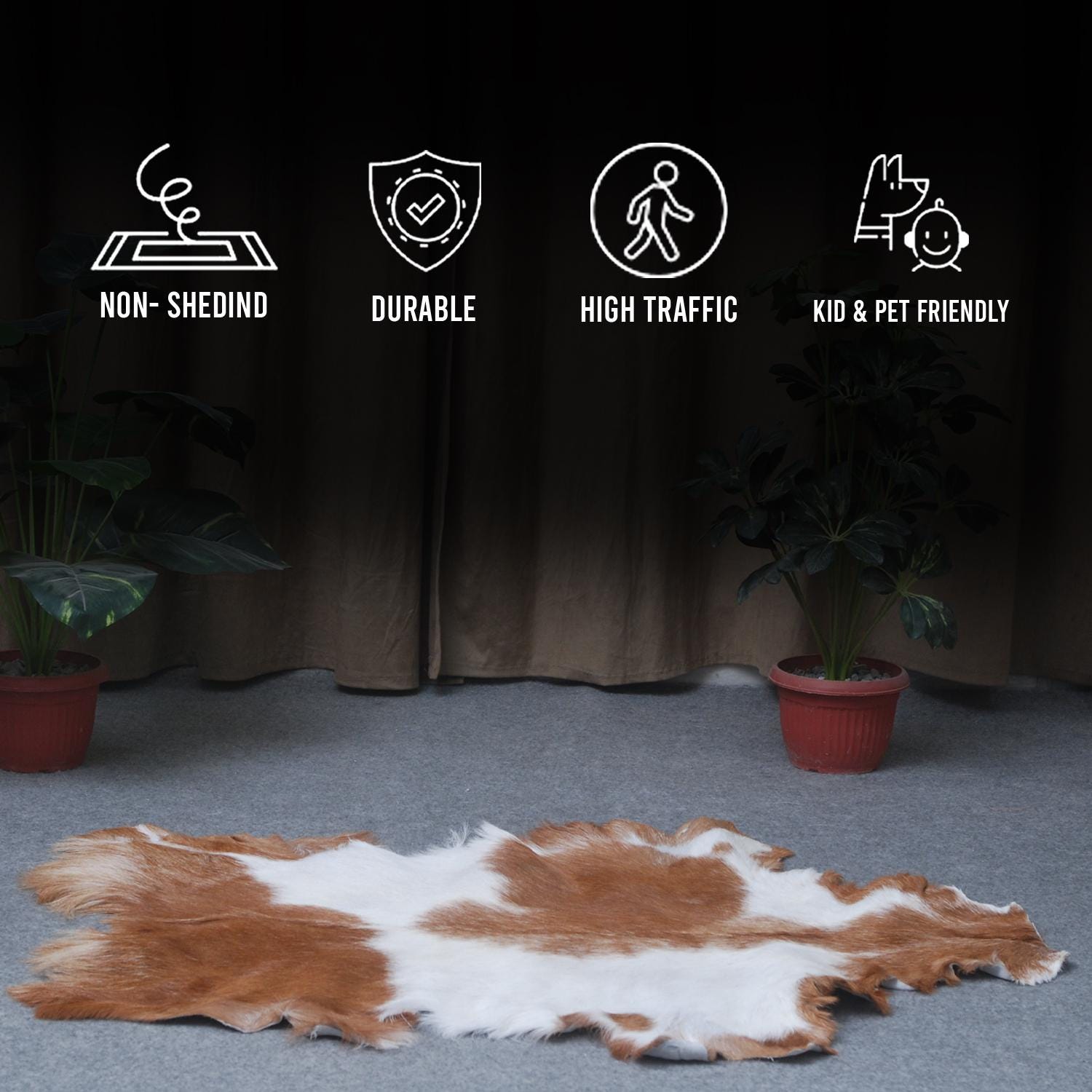 Luxury Brown and White Natural Goat Skin Rug with Modern Graphic Pattern for Stylish Wall Décor - Hypoallergenic and Non-Shedding,