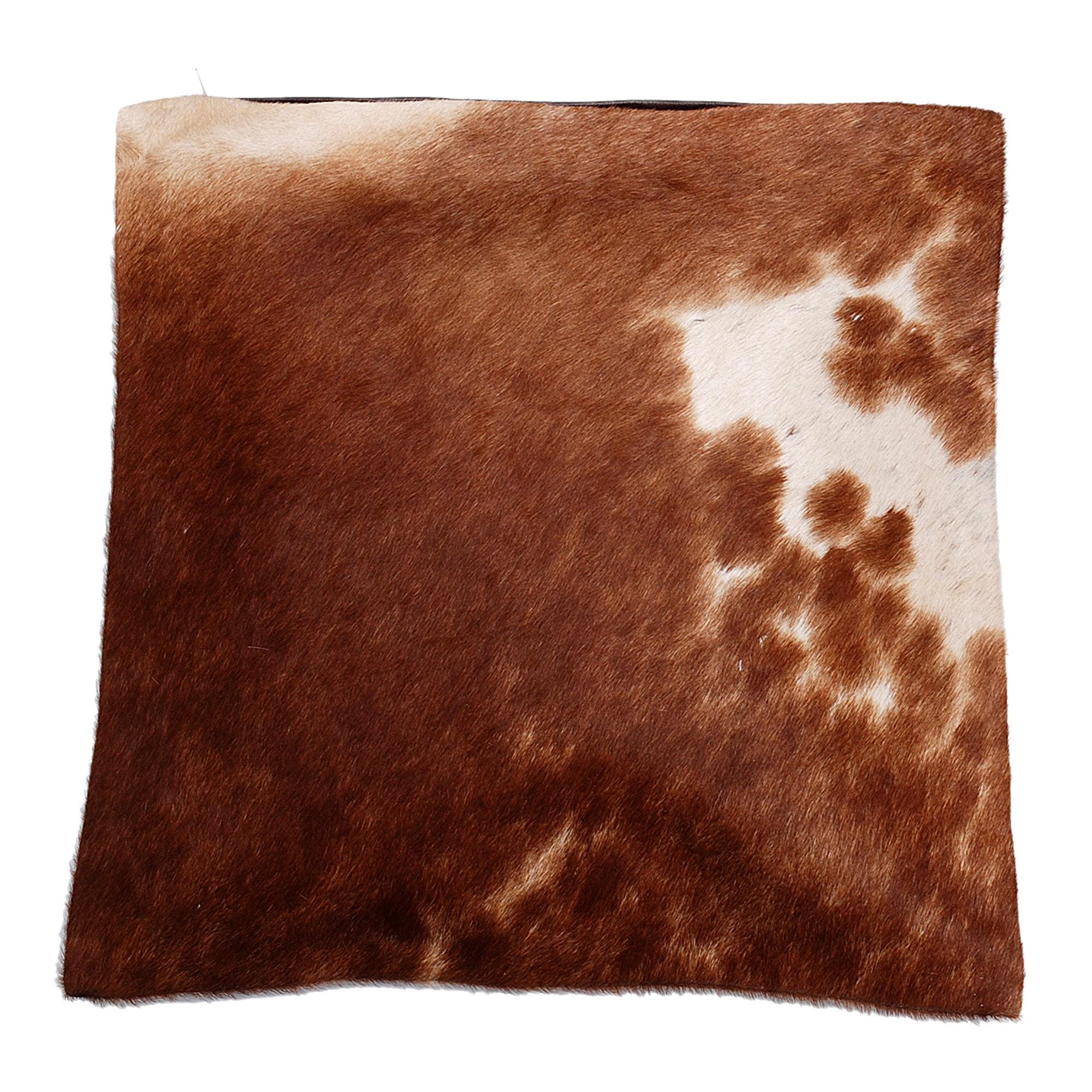 Luxurious Brown and White Handmade Cowhide Cushion Cover with Faux Leather Back - Celestial Leather Limited