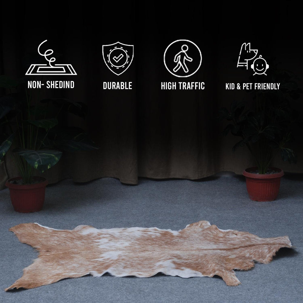 Luxurious Brown and White Goat Hide Rug - Premium Hair-On Natural Goatskin with Unique Patterns and Non-Slip Suede Back - Celestial Leather Limited