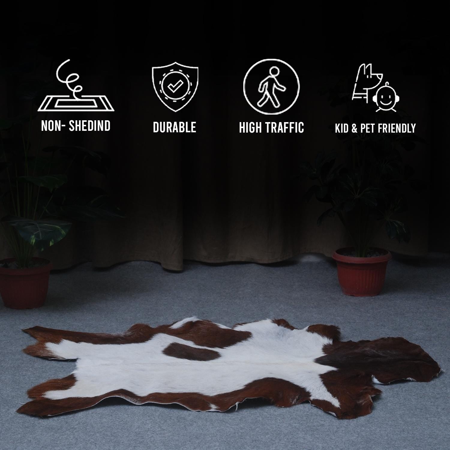 Luxurious Brown and White Genuine Goat Hide Rug - Handcrafted Premium Hair-On Goat Skin Rug with Unique Patterns and Colors - Celestial Leather Limited