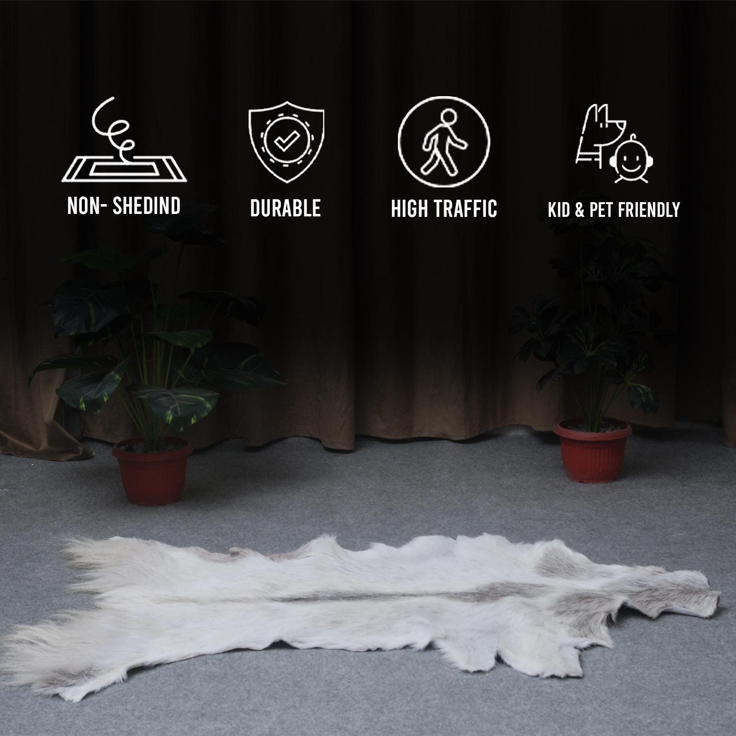 Luxurious Grey and White Goat Skin Rug - Eco-Friendly and Hypoallergenic Natural Leather Wall Decor - Soft, Kid & Pet-Friendly, Non-Slip