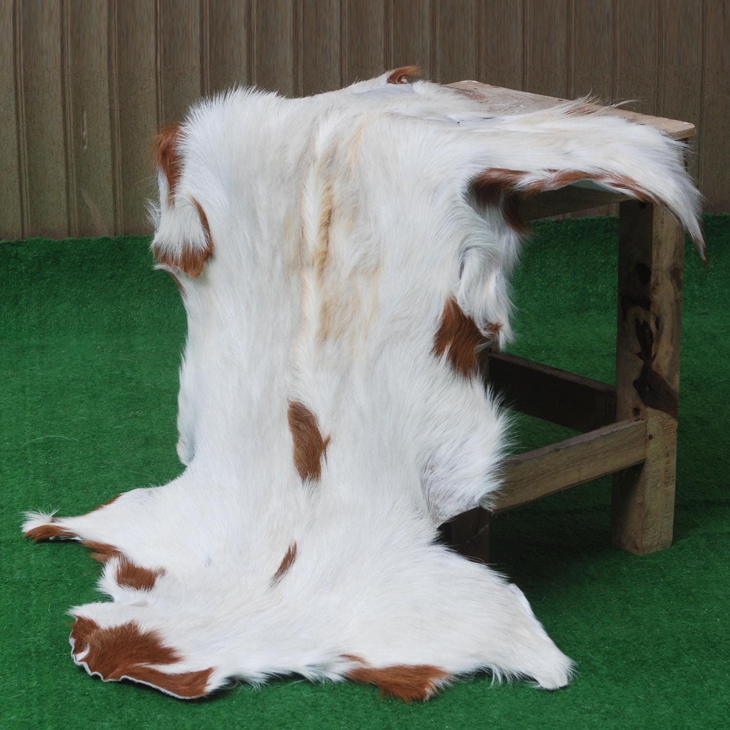 Luxury Brown and White Goat Hide Rug | Premium Hair-On Skin | Non-Slip Suede Back | Sustainable & Eco-Friendly | Handcrafted Elegance