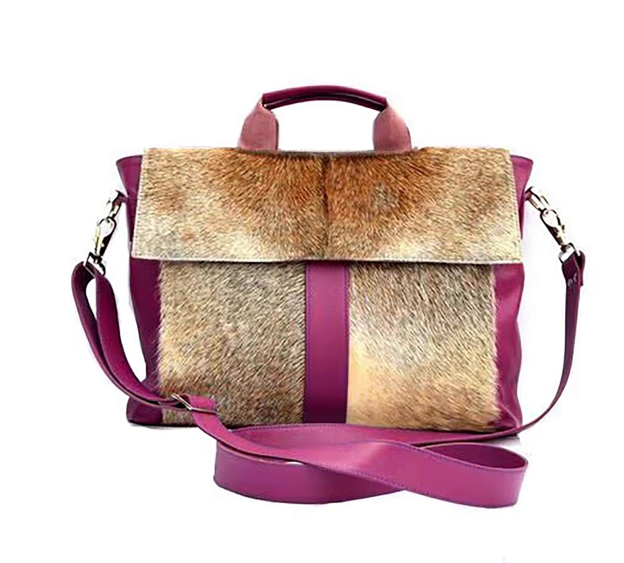 Stylish Leather Hair On Laptop Bag Messenger Unisex Briefcase Business Animal Print - Eco-Friendly Cowhide Bag with Fur - Pink, Grey & White
