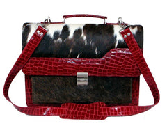 Stunning Black N White Cowhide Shoulder Bag with Red Crocodile Print Strap - Handmade Leather Bag with Celestial Leather Hide - Unique
