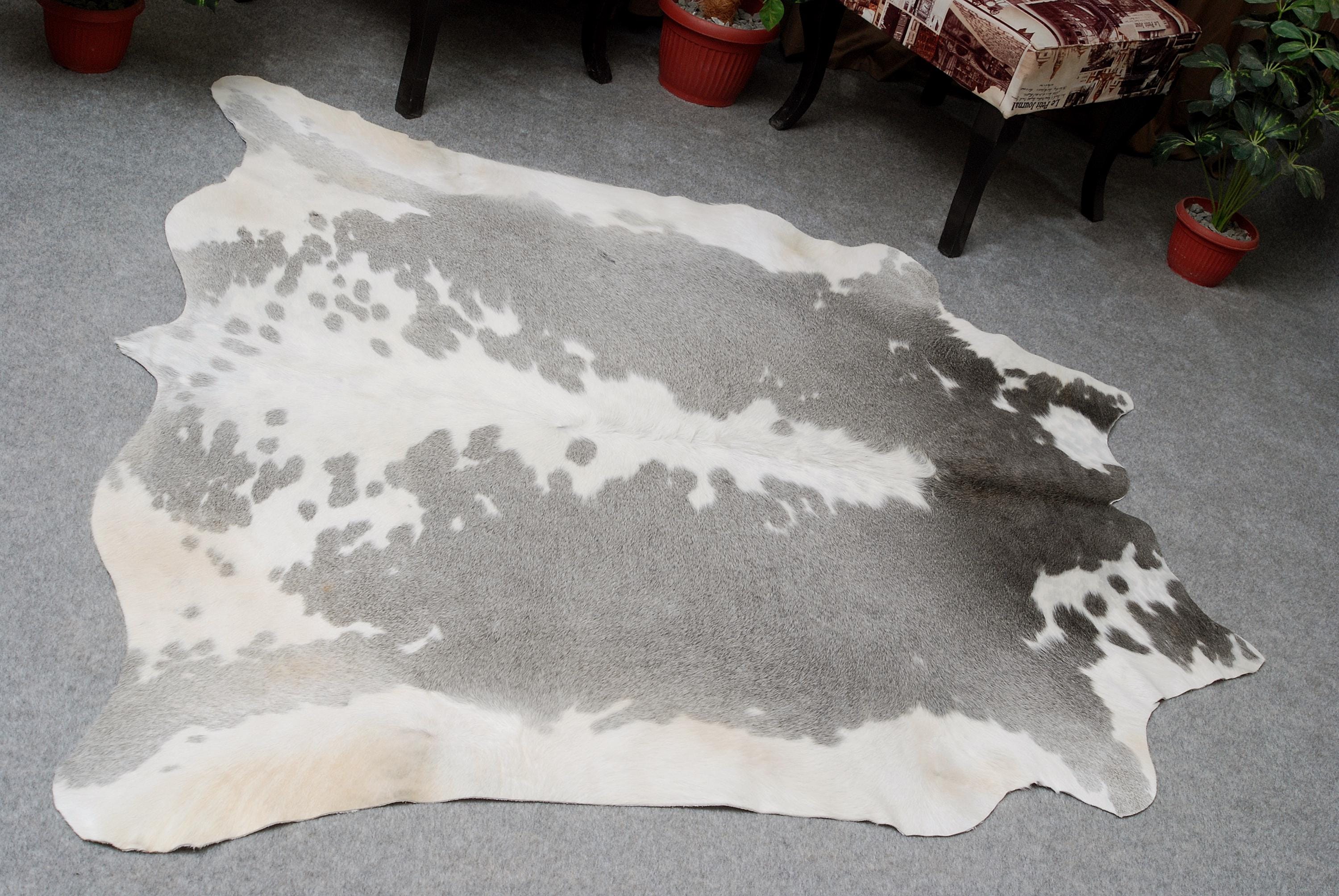 Luxurious Grey & White Spotted Cowhide Rug for Bedroom - Living - Hypoallergenic - Non-Slip - Free UK Shipping - Elegant Home Décor