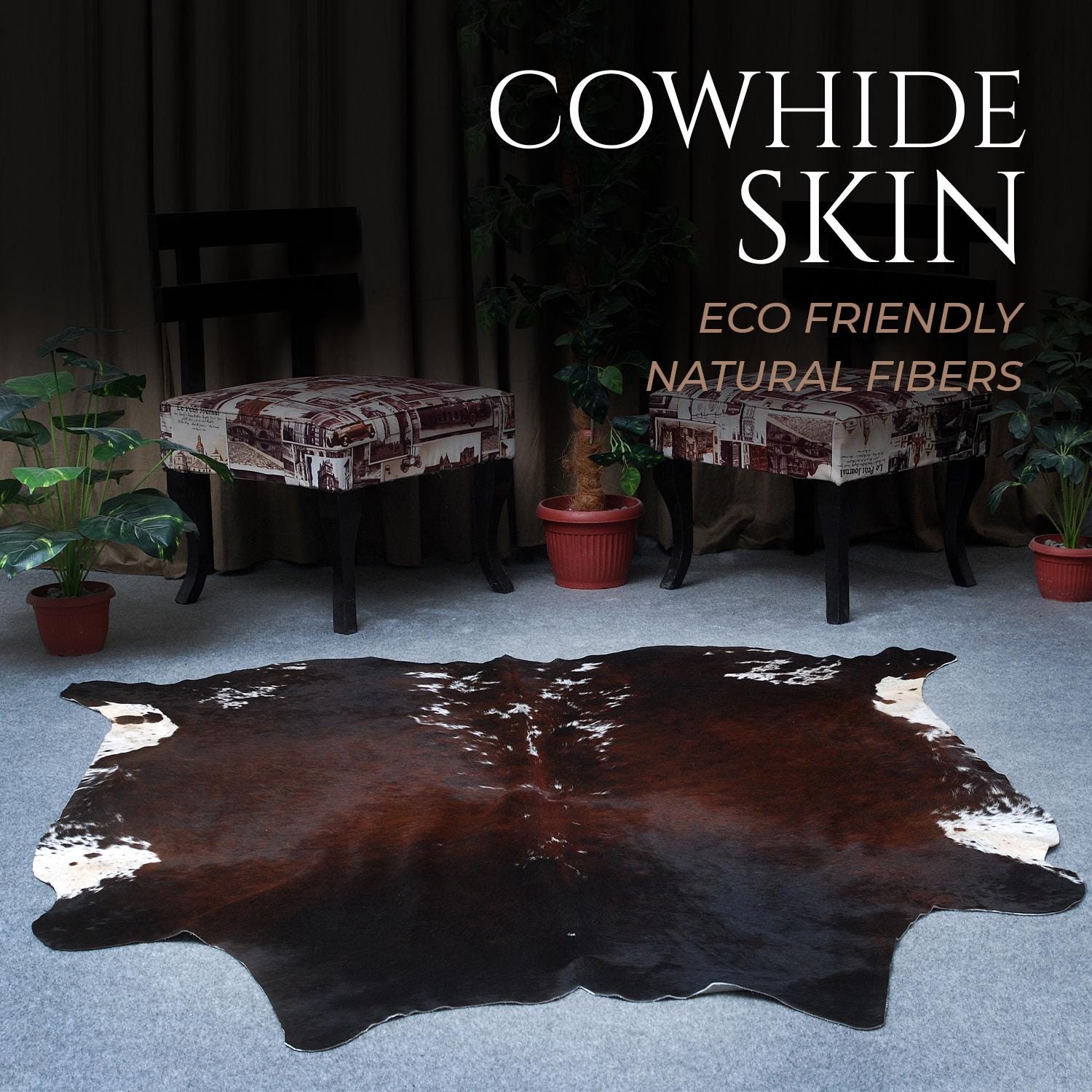 Luxurious Dark Brown & White Brazillian Cowhide Rug - Extra Large, Hypoallergenic, Non Slippery Suede Back, Non Shedding - Hand Selected