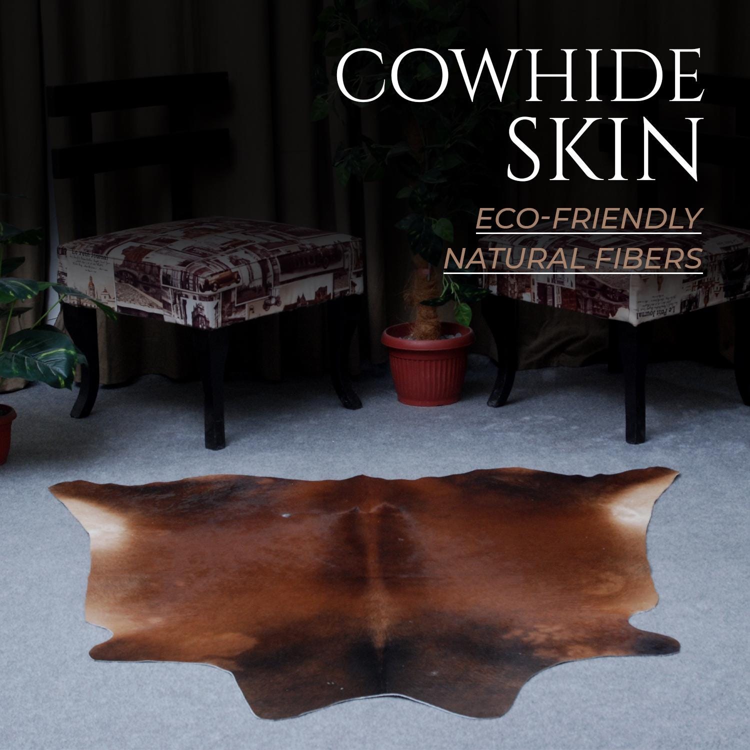 Luxurious Large Cowhide Rug: Dark Brown & White Hair Centerpiece, Hypoallergenic, Non-Slip Back, Non-Shedding - Free Shipping!