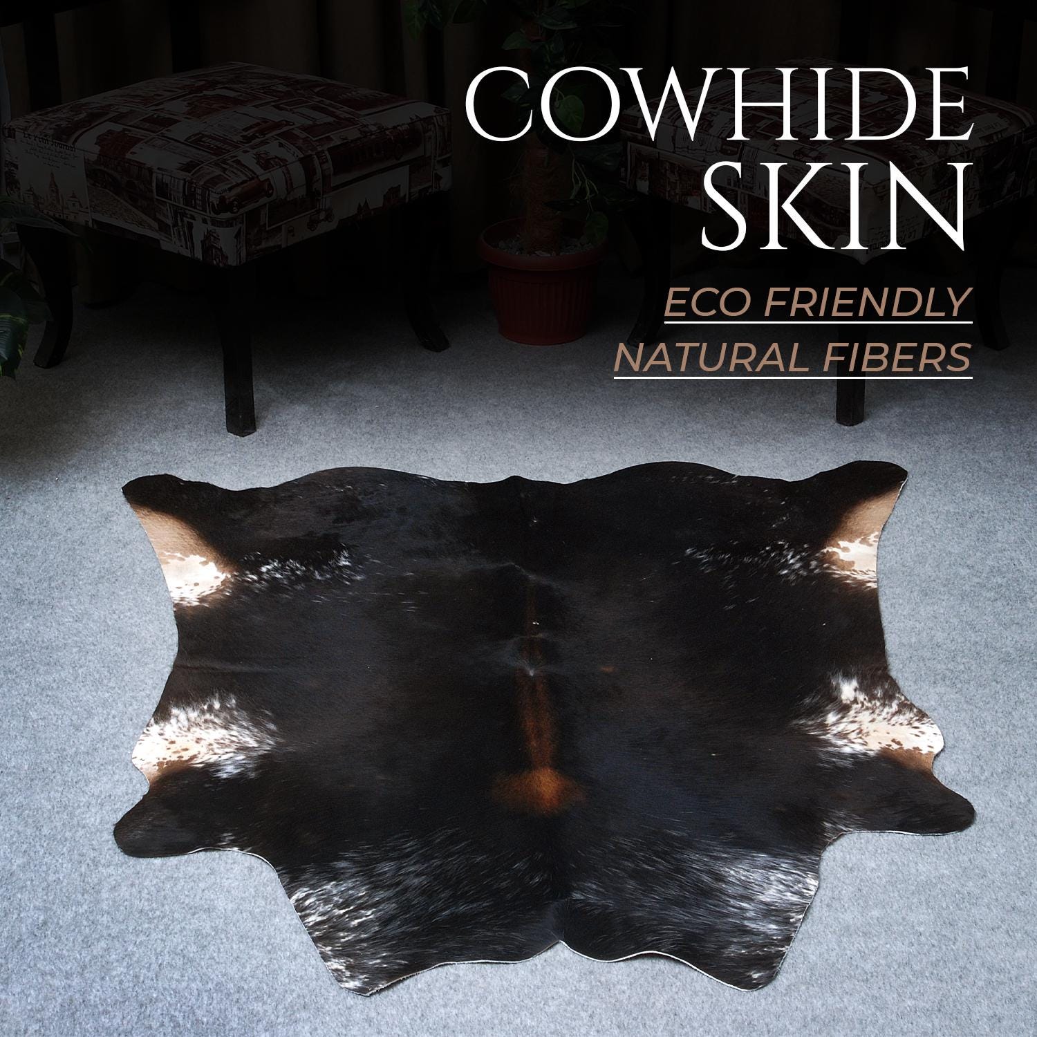 Exquisite Dark Brown & White Cowhide Rug | Hypoallergenic - Durable | Handcrafted Luxury with Unique Beauty | Medium Size Rug | Non-Slip