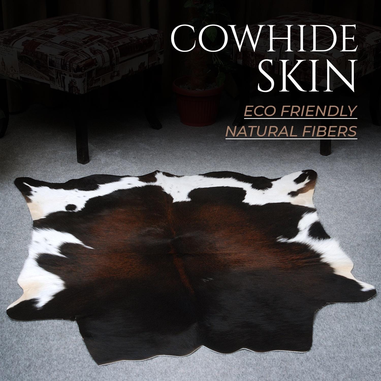 Luxurious Dark Brown & White Cowhide Rug | Medium Size Area Rug with Hypoallergenic, Non-Slip Backing | Handcrafted Natural Hide for Rustic
