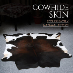 Luxurious Dark Brown & White Cowhide Rug | Medium Size Area Rug with Hypoallergenic, Non-Slip Backing | Handcrafted Natural Hide for Rustic