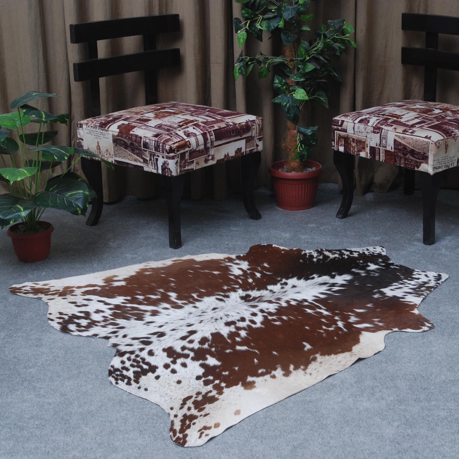 Luxurious Handcrafted Dark Brown & White Cowhide Rug - Hypoallergenic - Durable with Unique Markings, Medium Size for Chic Home Decor