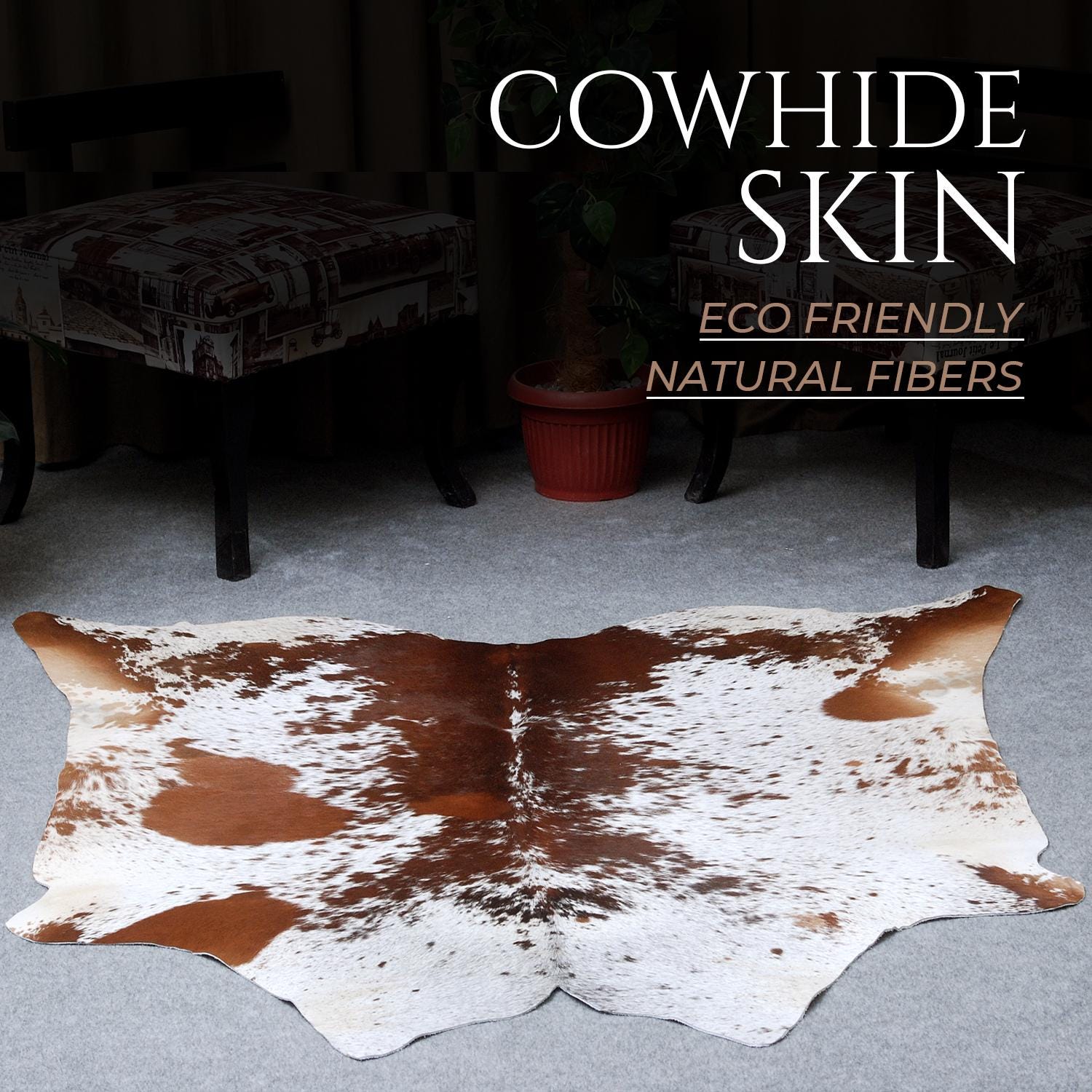 Luxury Brown & White Cowhide Rug - Hypoallergenic Non-Slip Backing - Handcrafted Natural Hide - Durable - Versatile Rustic Charm