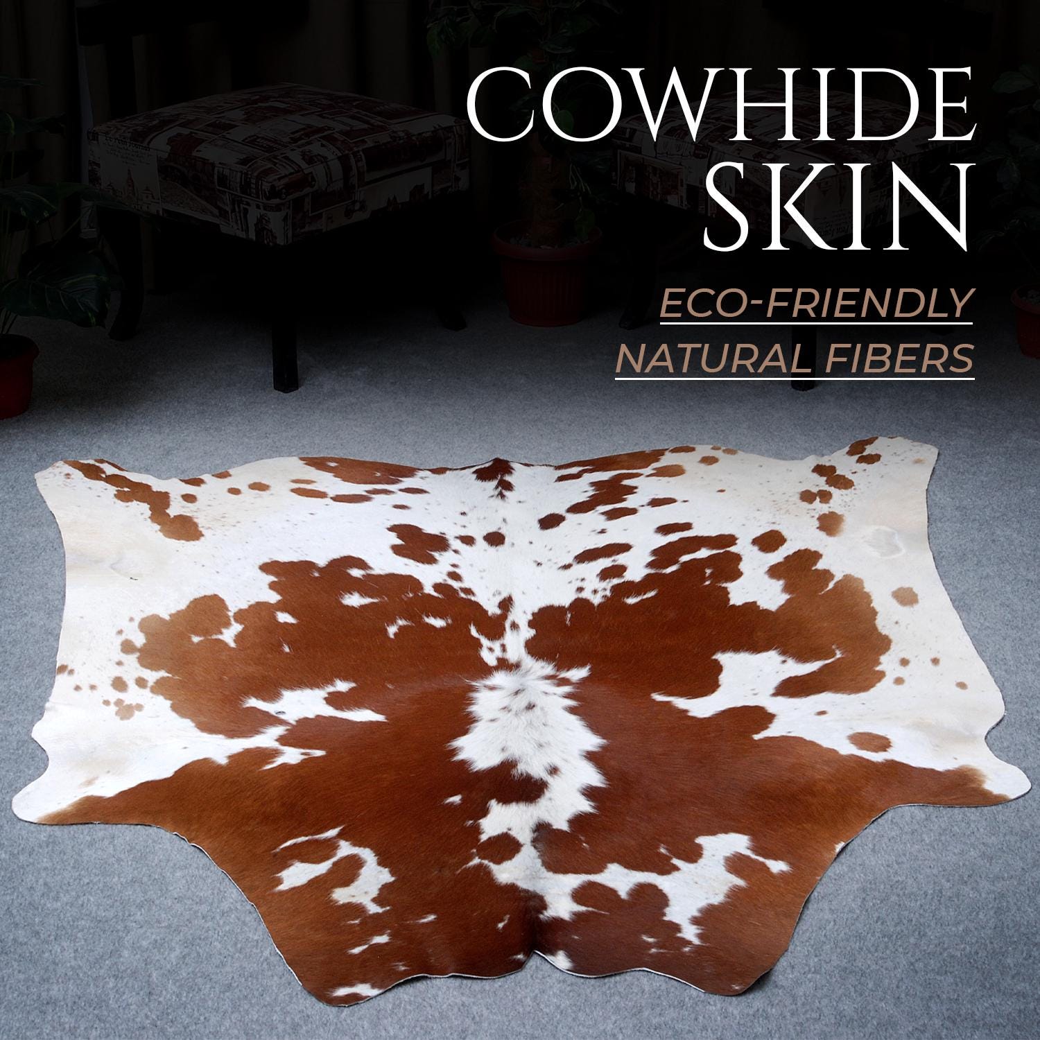 Luxurious Brown and White Cowhide Area Rug | Hypoallergenic Natural Cow Hide Skin Carpet | Non-Slip Backing | Free UK Shipping