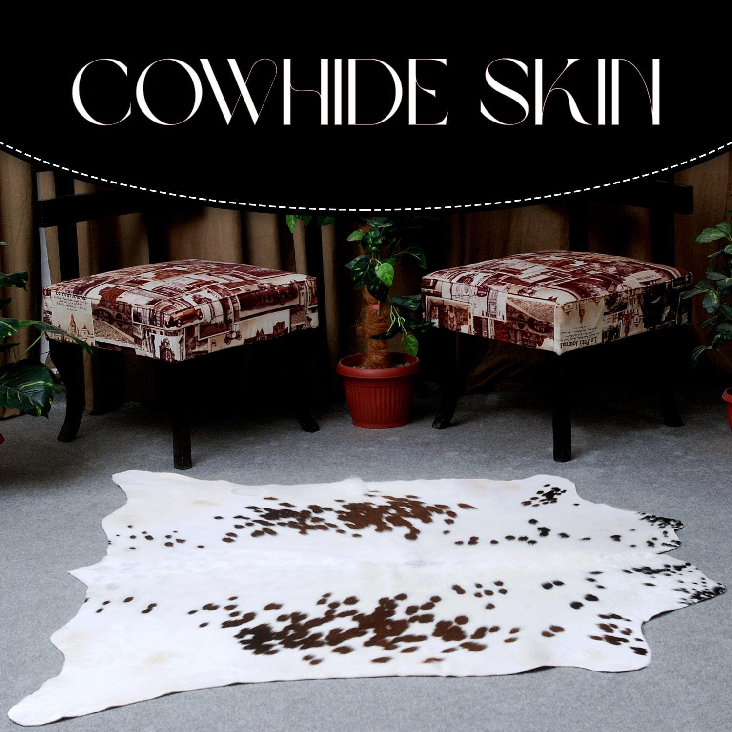Luxurious Brown & White Cowhide Area Rug | Exotic Animal Skin Carpet for Home Decor | Hypoallergenic - Non-Slip | Large Size - Free UK