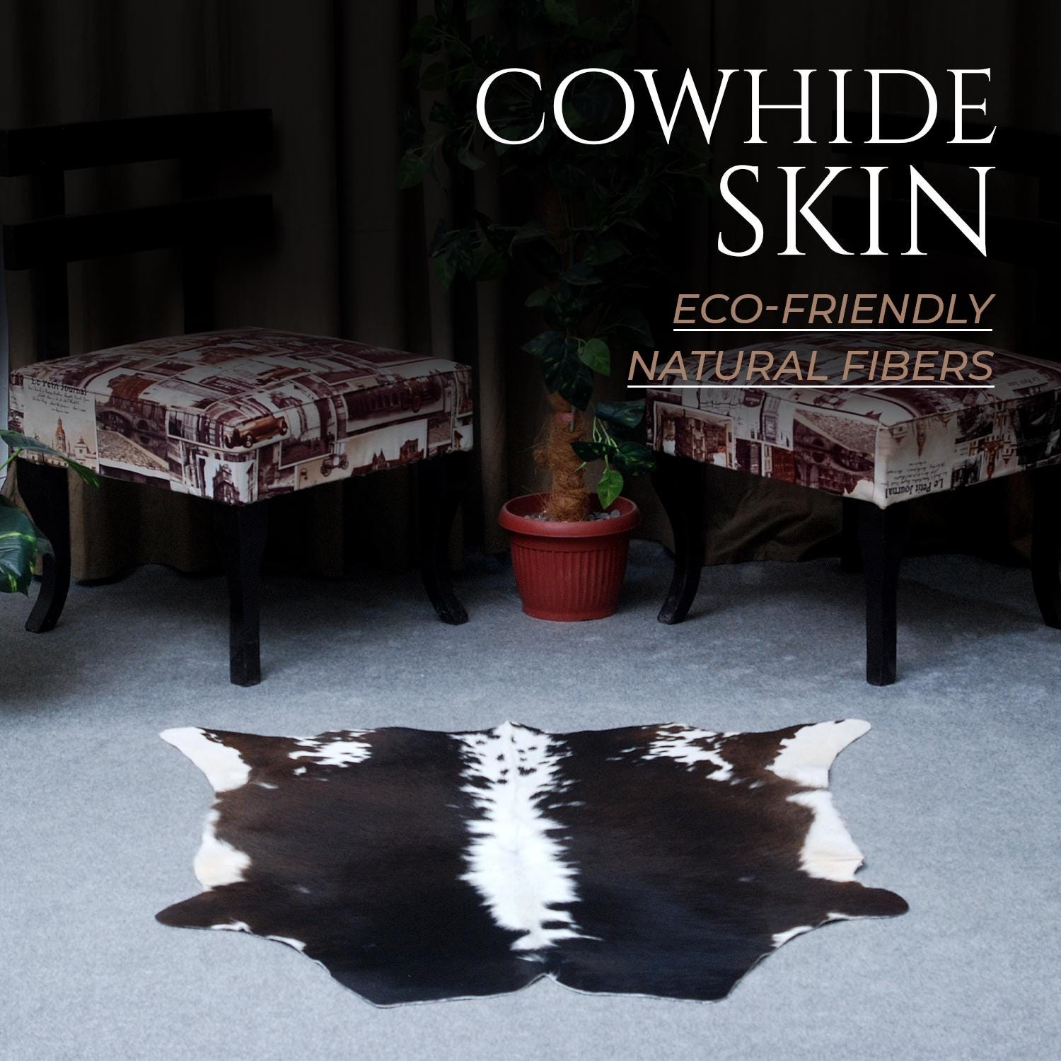 Luxurious Handcrafted Dark Brown and White Cowhide Rug with Hypoallergenic Properties & Non-Slip Suede Back - Small Animal Print Rug