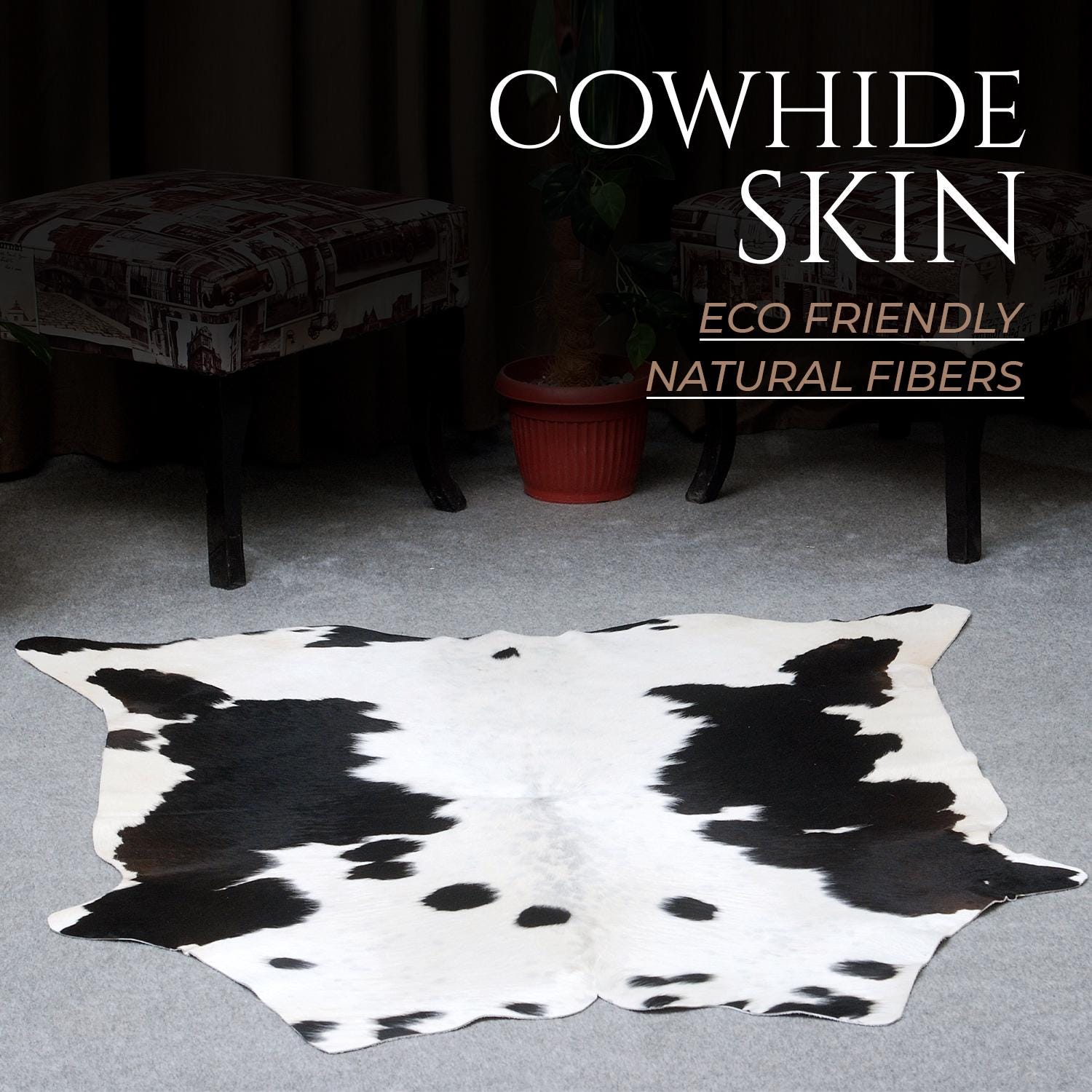 Luxurious Black and White Cowhide Rug - Hypoallergenic, Non-Slip, Handcrafted, Unique Beauty - Adds Sophistication to Any Room