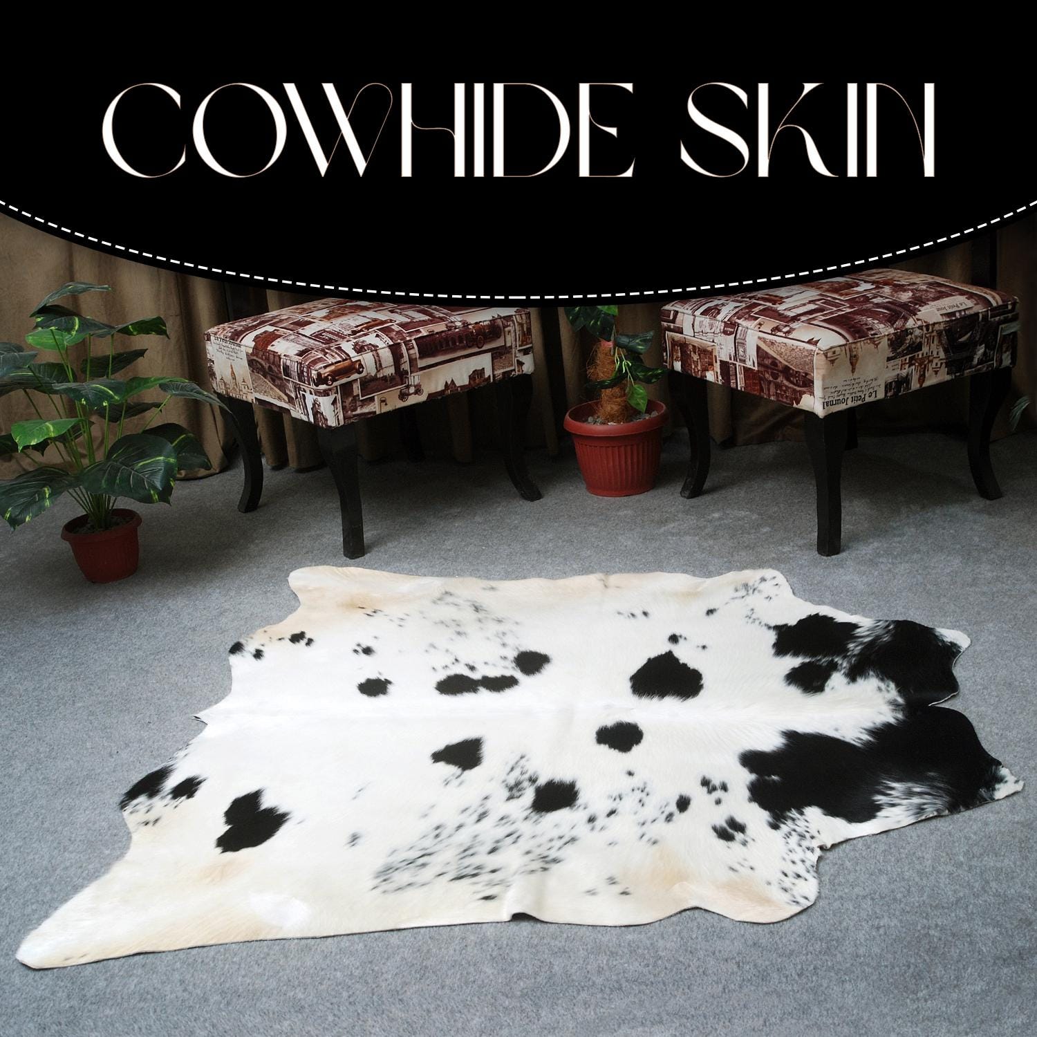 Luxurious Medium Black and White Cowhide Rug | Hypoallergenic, Non-Slip Backing, Handcrafted Quality | Unique Natural Beauty for Bedroom